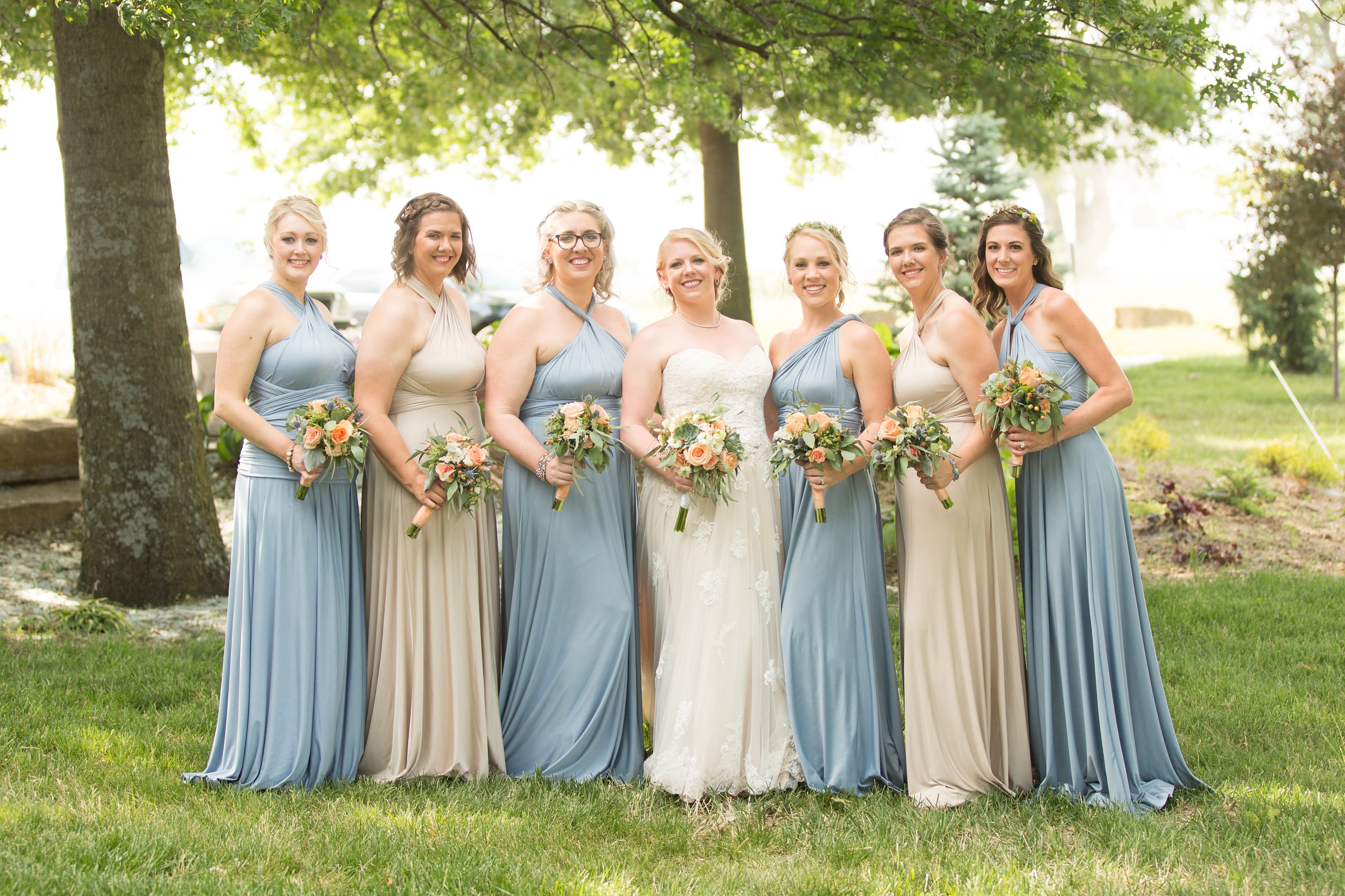 Dusty Blue and Champagne 4 Bridesmaids and 2 Groomswomen in Coralie