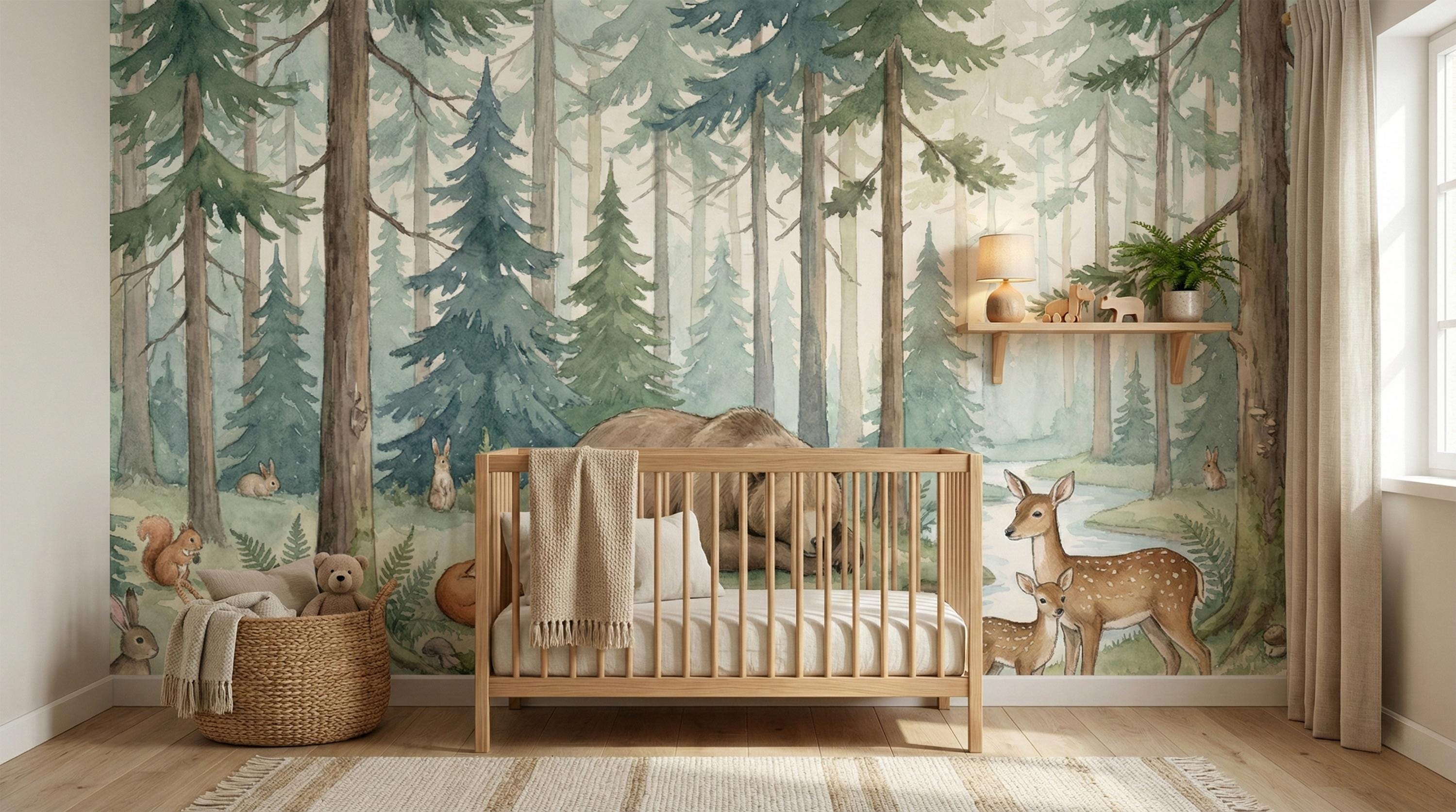 woodland nursery wallpaper with soft watercolor forest animals and neutral tones 2026
