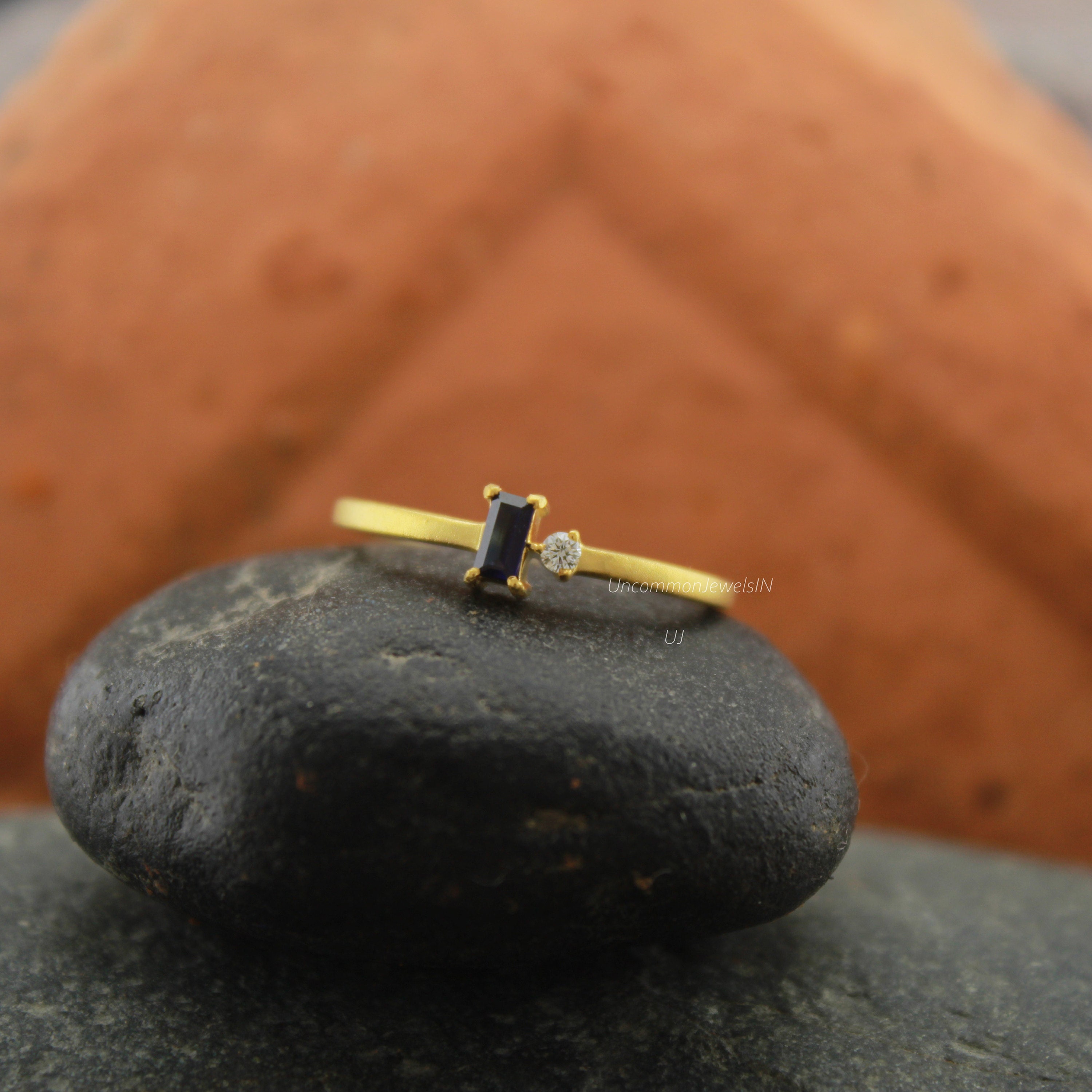 Unique Engagement Ring, Diamond Wedding Ring, Diamond Blue Sapphire Ring, 14k Matte Yellow Gold Ring, UncommonJewelsIN