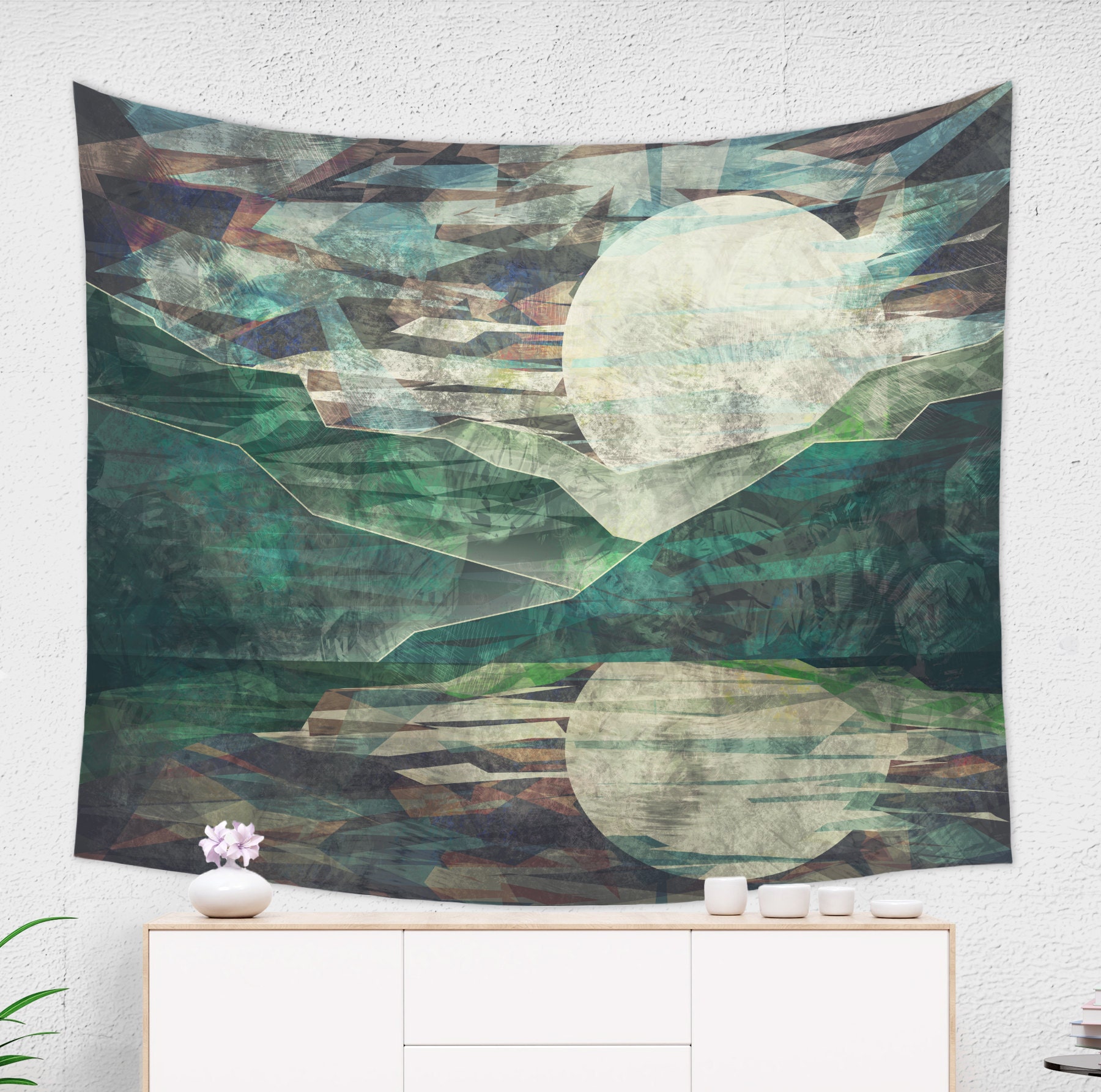 Mountain Moon Tapestry in Night
