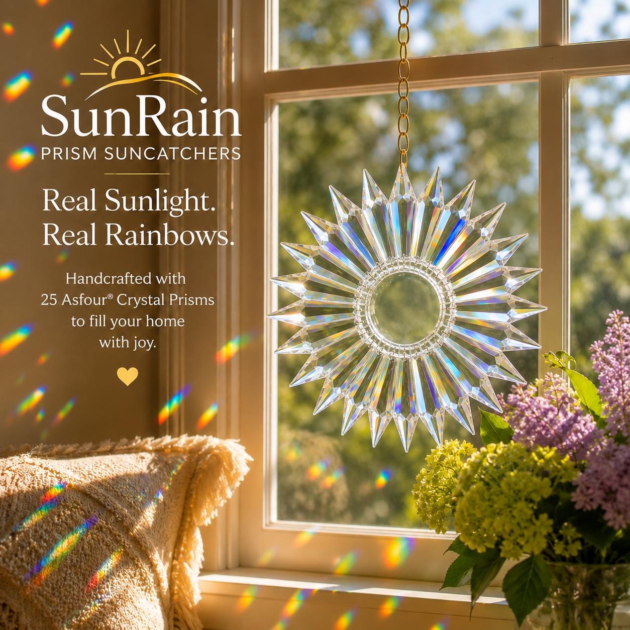 text over image of seven-inch SunRain prism suncatcher hanging in front of clear sunny window