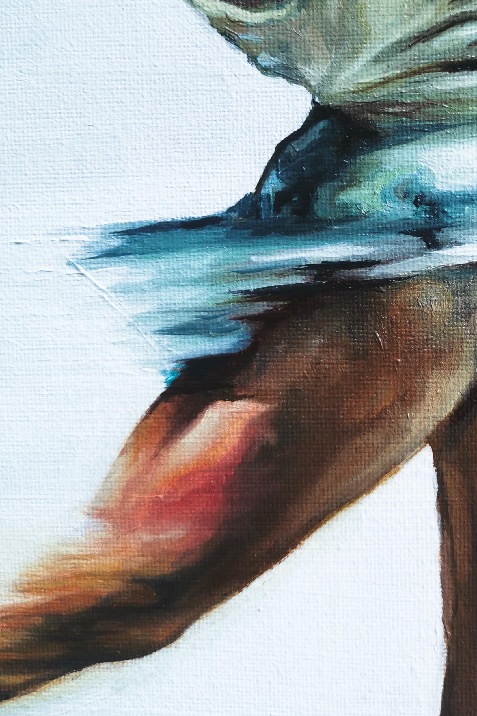 A close up of a work in progress oil painting showing a thigh where the light hits it, glowing pink and orange, and the movement of the skirt above.