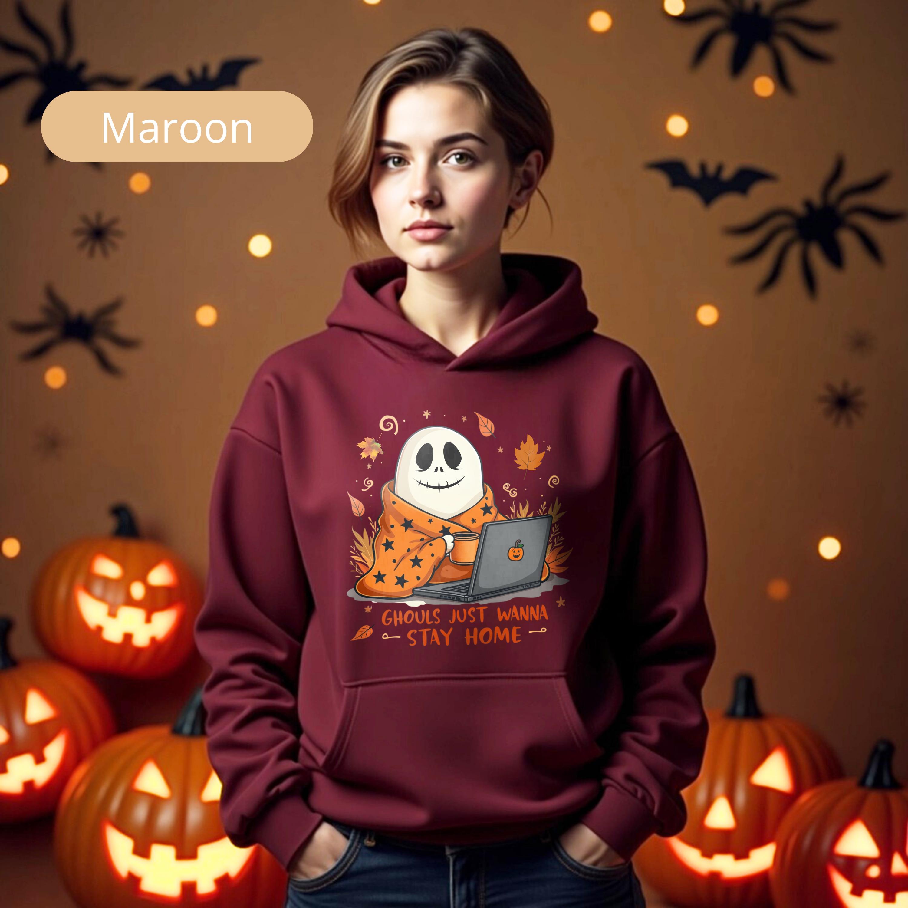 Ghouls Just Wanna Stay Home Womens Halloween Shirts, Cozy Ghost Sweatshirt, Cute Halloween Hoodie, Spooky Fall Long Sleeve