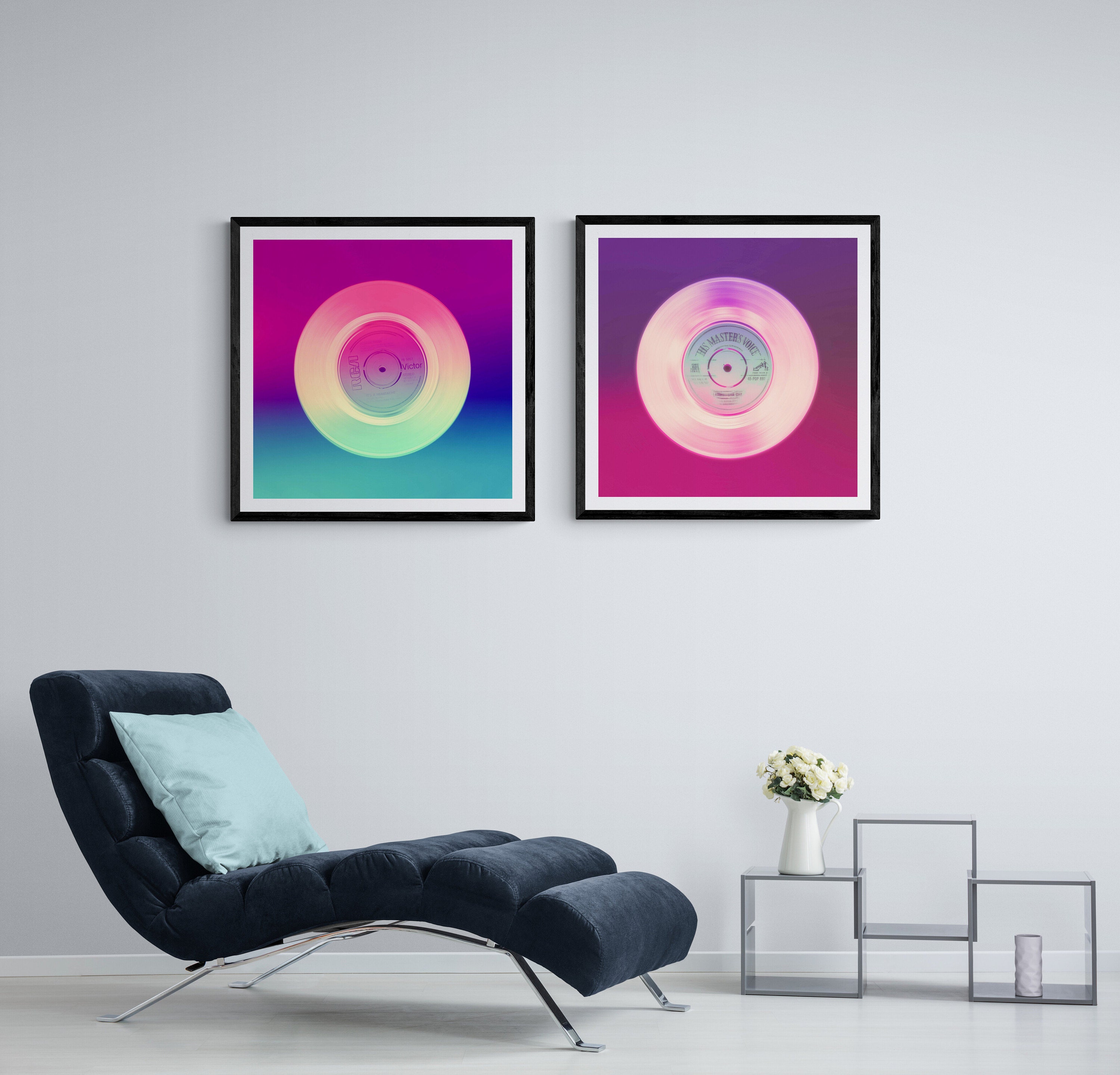 vinyl record art prints for music lover- pink retro diptych of 7 inch vinyls