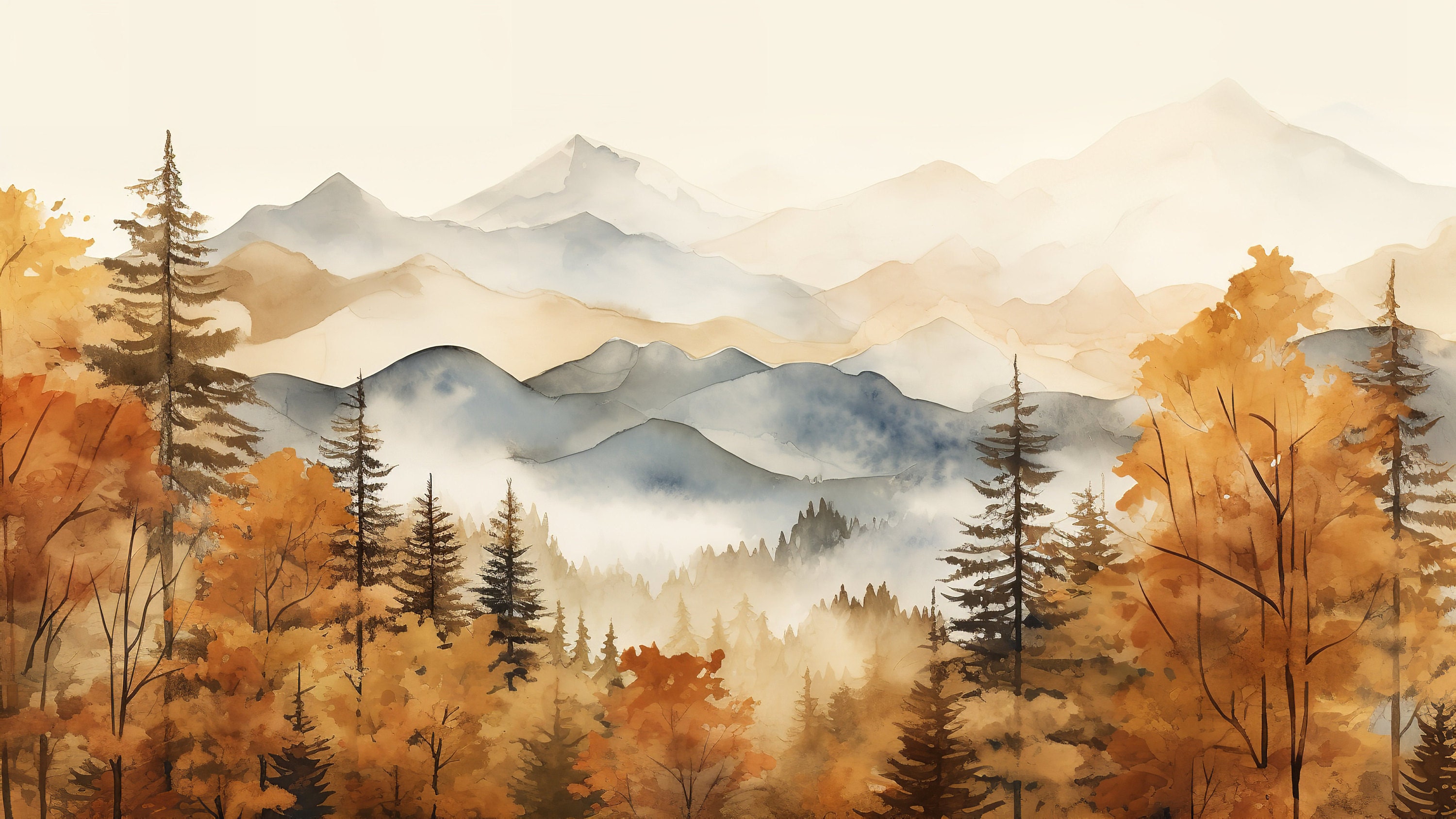 Watercolor fall mountain landscape with colored trees and mountains on the background