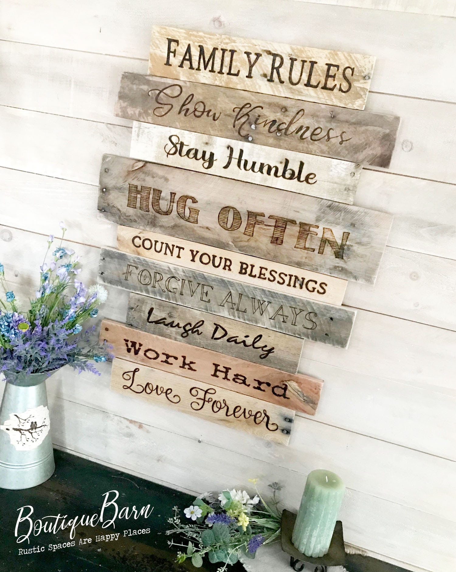 Family Rules wood wall art that is handmade using reclaimed wood. Decorative lettering is wood burned by hand.