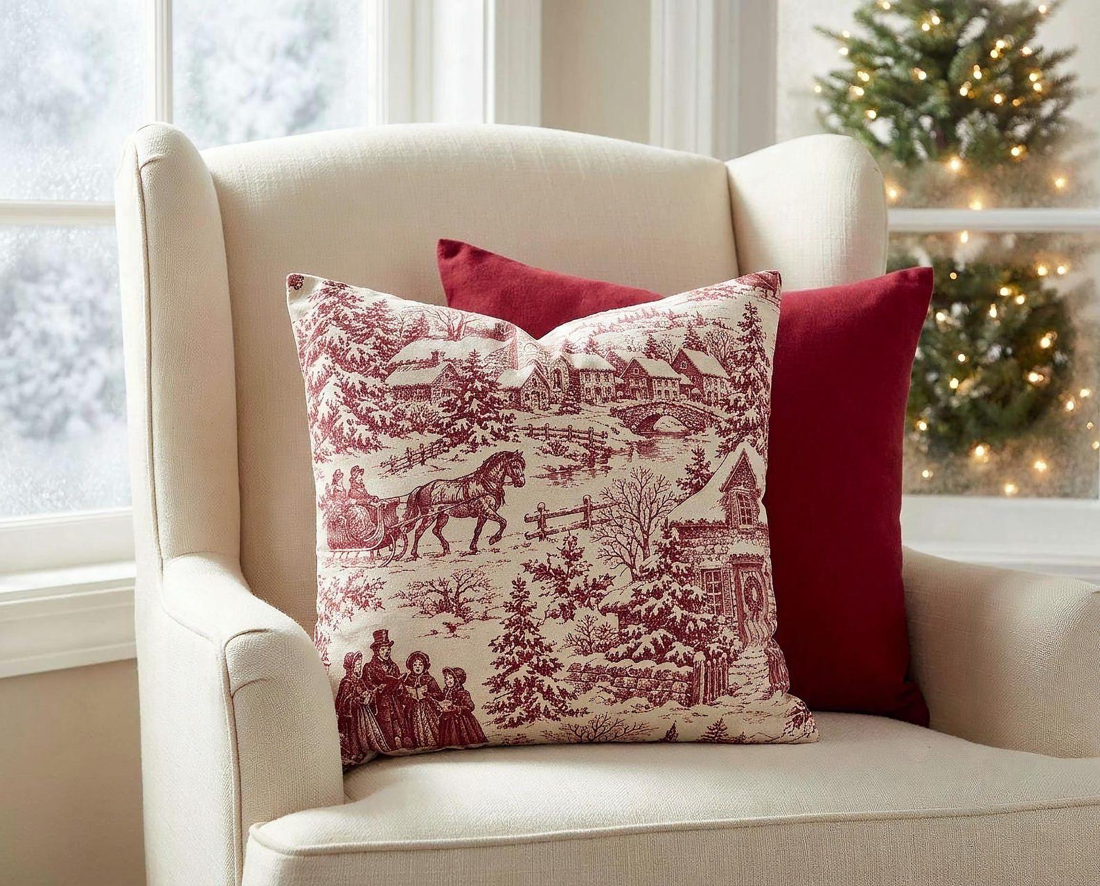 Red Christmas village sleigh toile pillow cover in a cream wingback chair by a frosted window