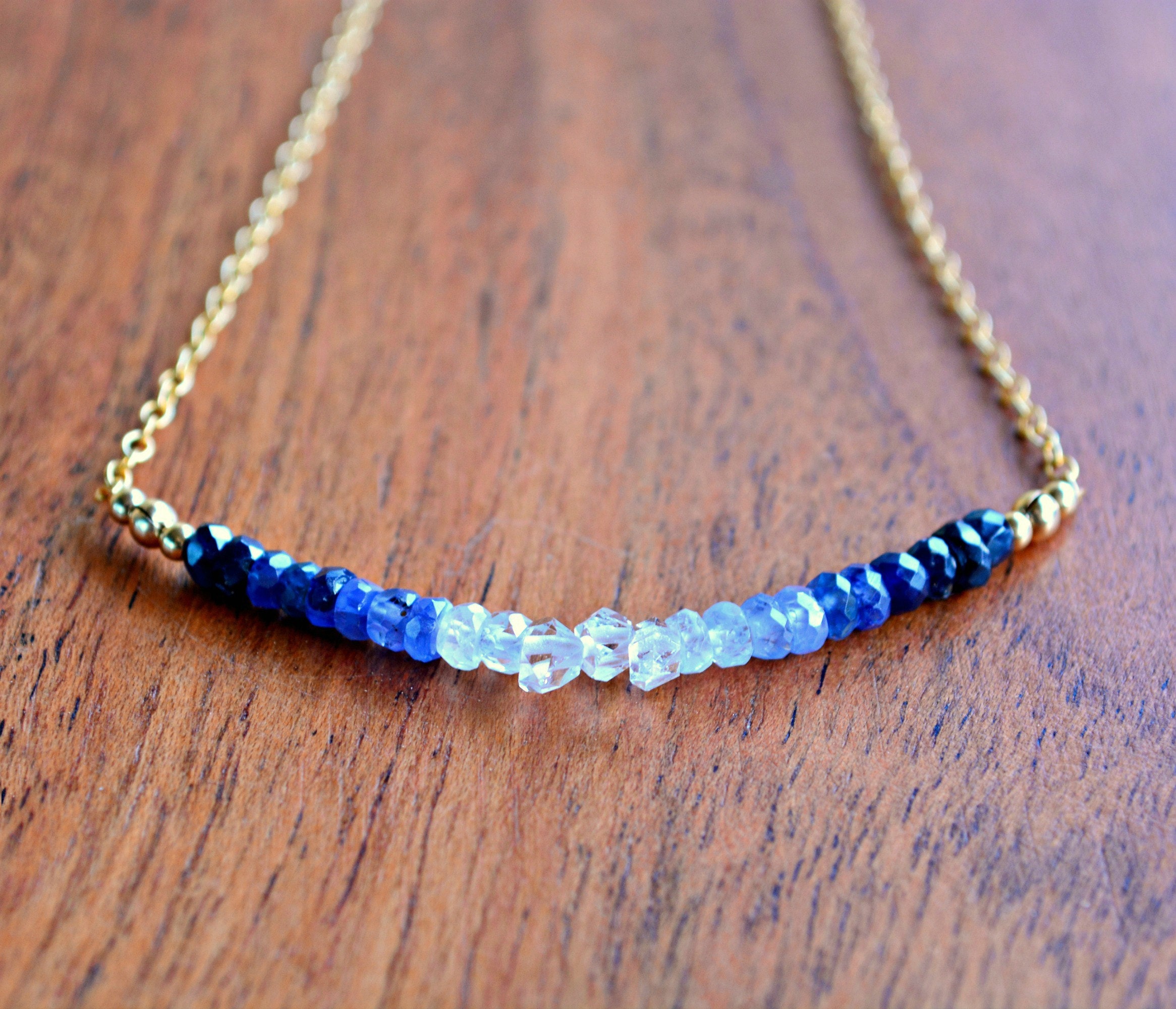Sparkle with this fabulous Sapphire and Herkimer Diamond bar necklace