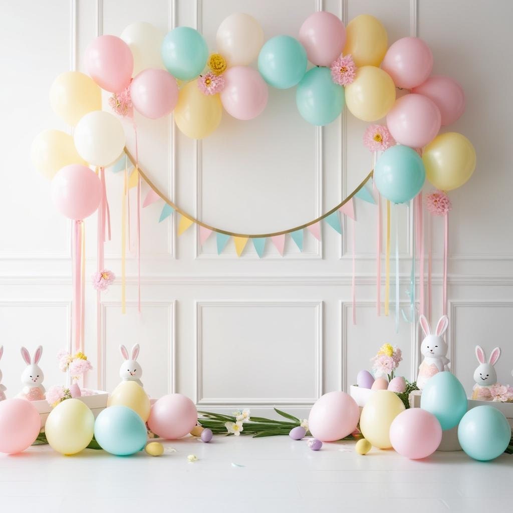 DIY Easter party setup with balloons and streamers in pastel tones, set against a white wall with minimal but cheerful decor.