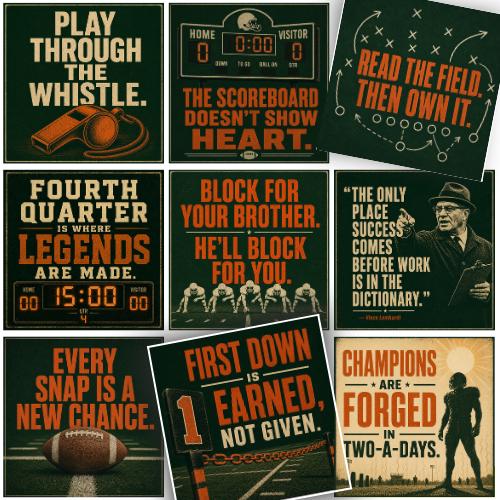 Retro collage of nine football encouragement cards showing a ball, whistle, scoreboards, play diagrams, players and coach, with messages about effort, teamwork, perseverance and earning success.
