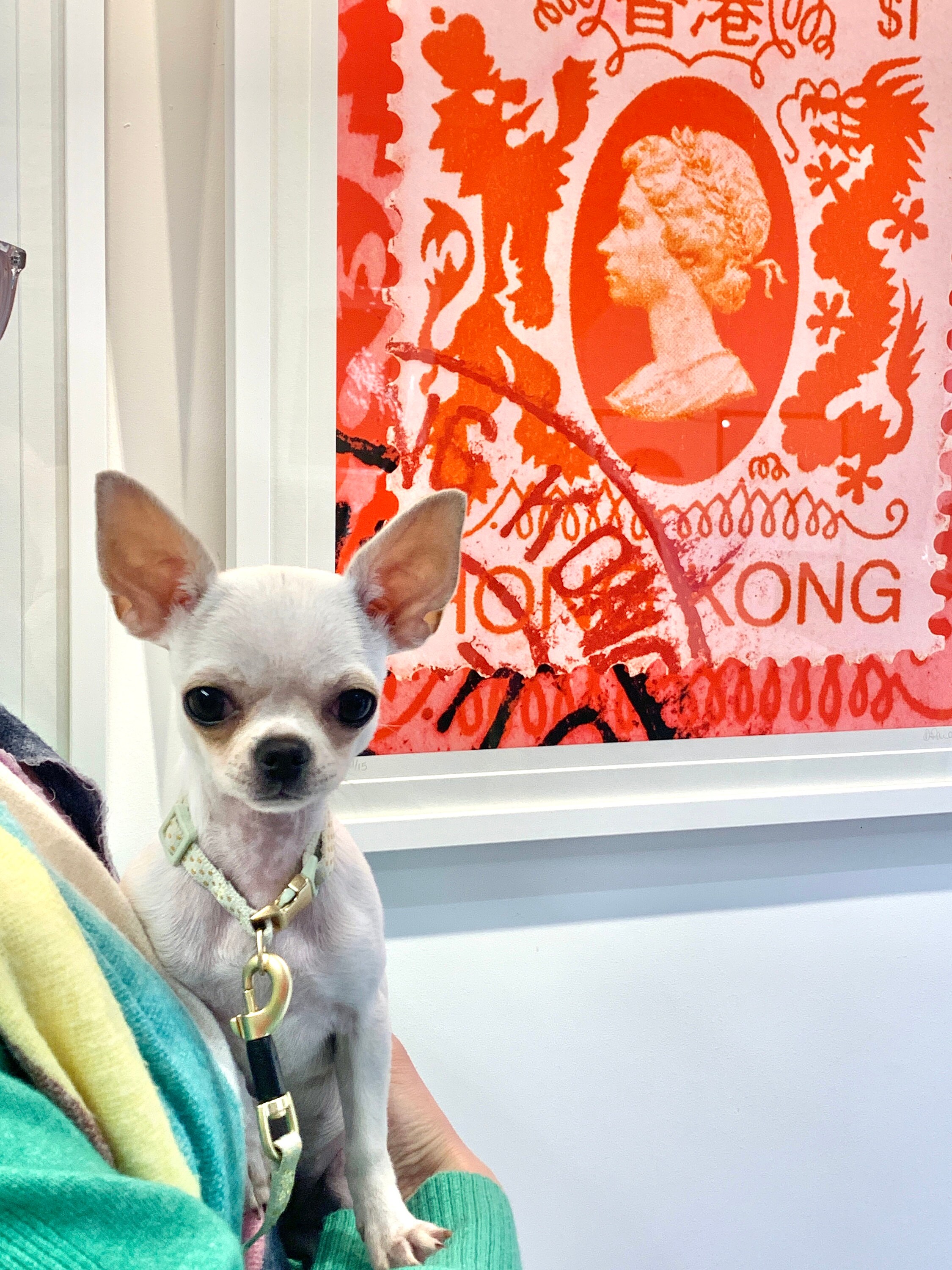 deborah pendell fine art solo exhibition of stamp collection art - puppy visitor
