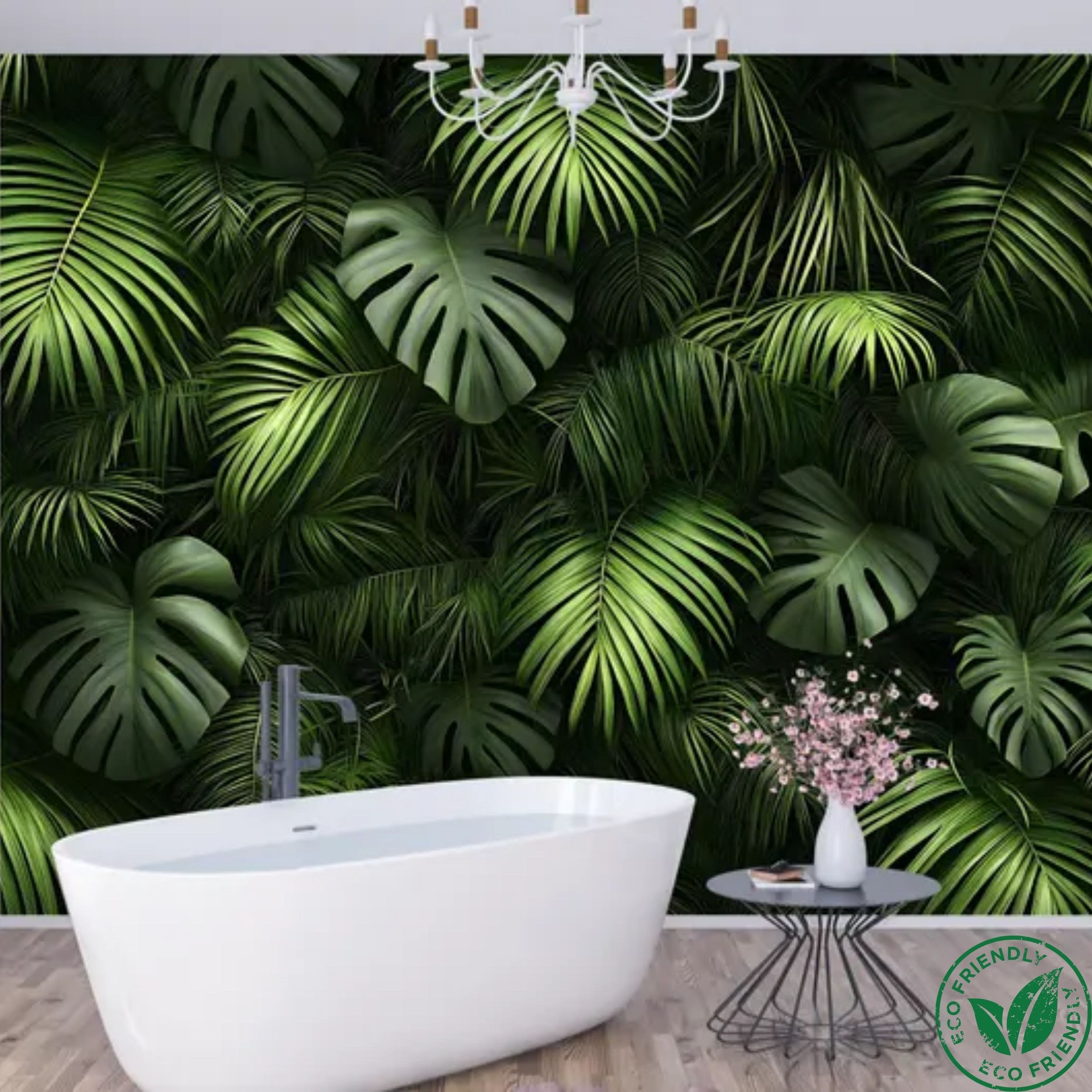 A small green “Eco-friendly” badge overlay on a wallpaper sample, with natural elements like plants in the background.