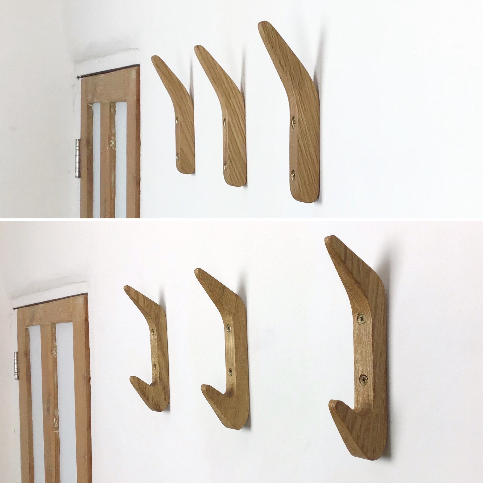 Gorlech coat hooks in light and dark Oak wood, handcrafted in Wales, UK