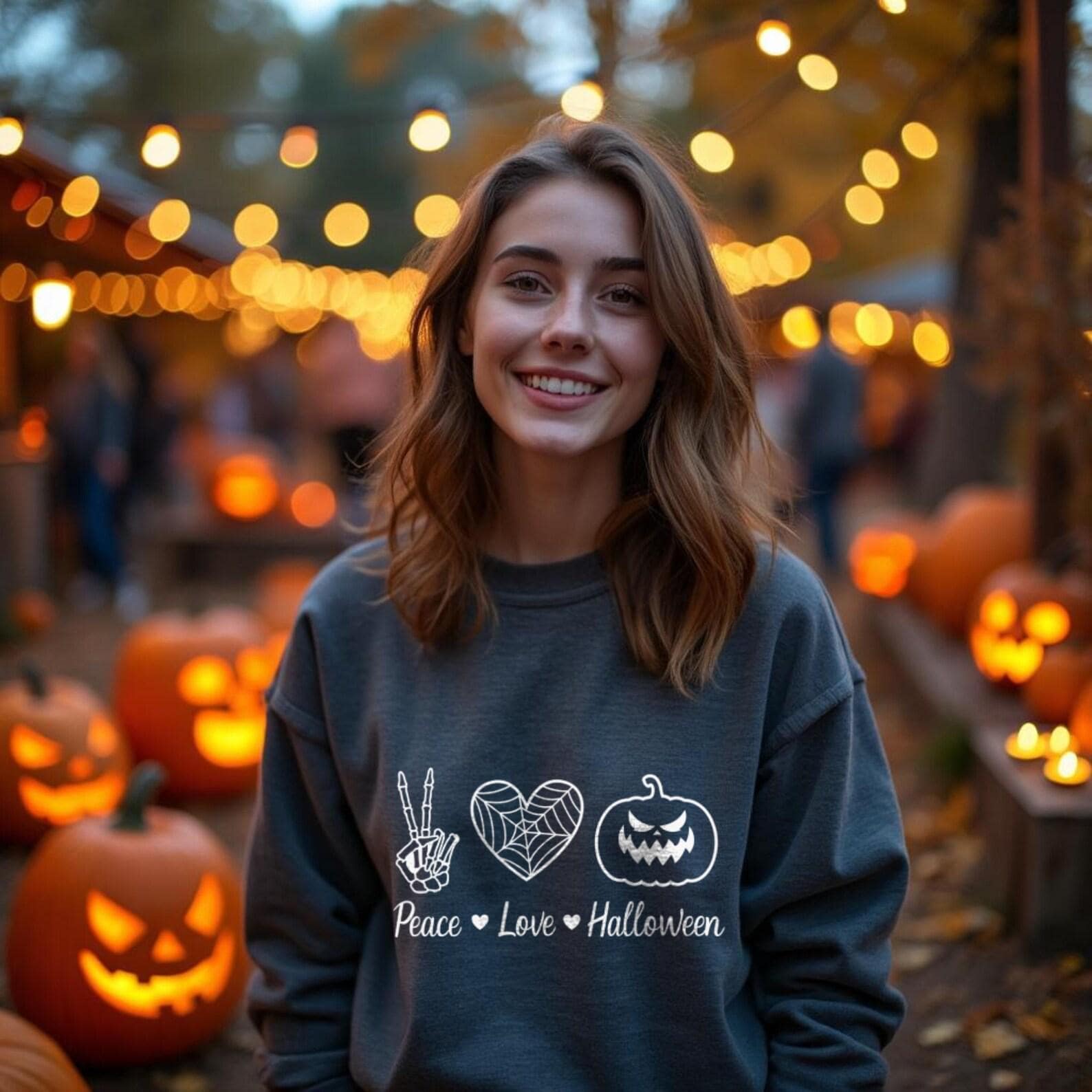 Peace Love Halloween Shirt - Womens Cute Halloween Sweatshirt- Halloween Tee Orange - Gildan Maroon Hoodie