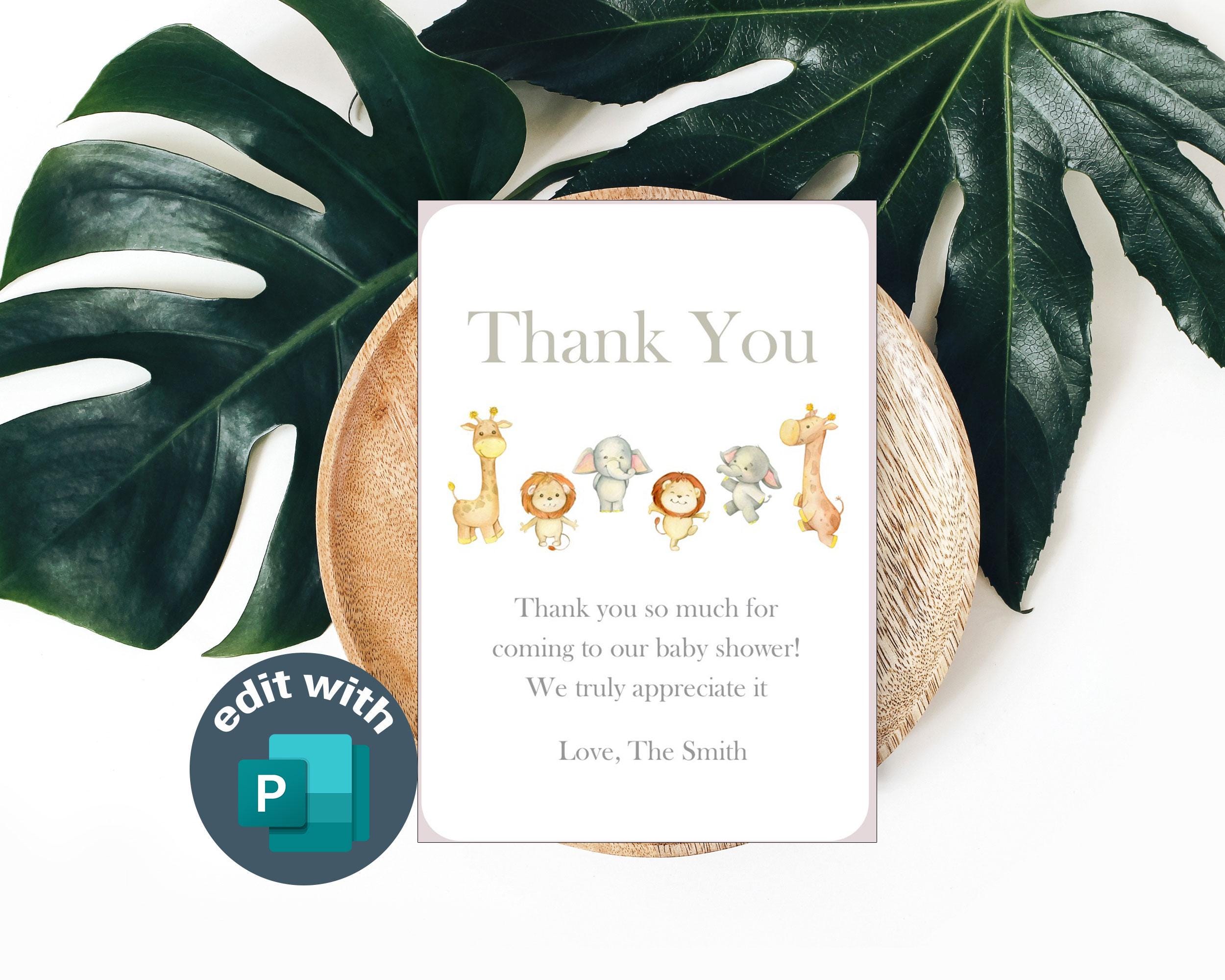 Safari animals baby shower thank you card template.