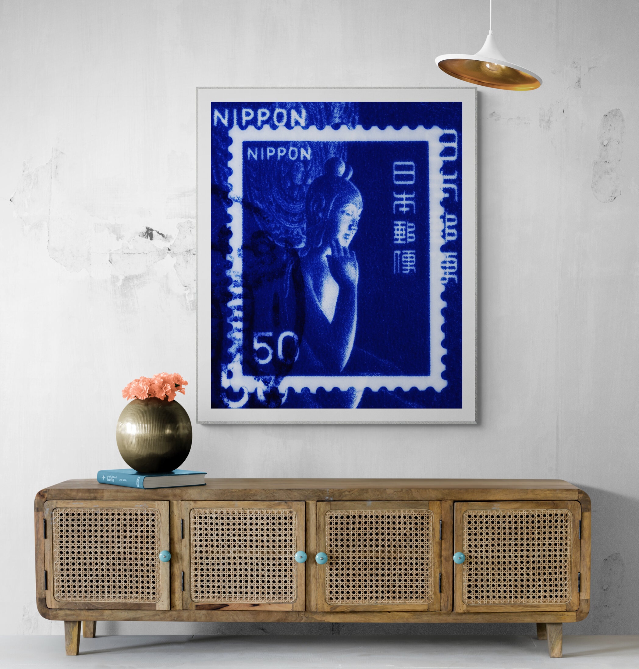 Japanese Buddha art print in blue created from a vintage postage stamp by deborah pendell
