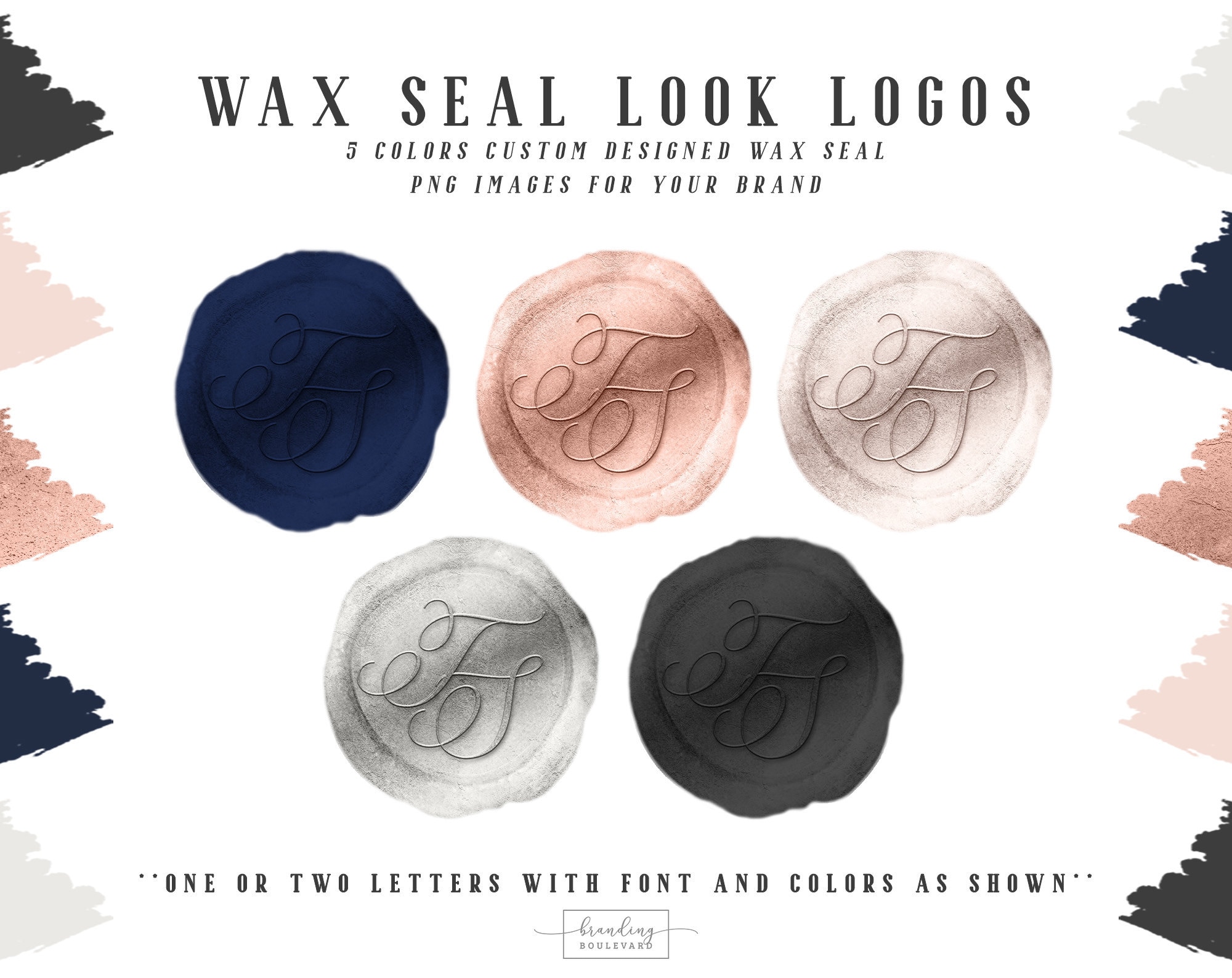 Wax Seal Look Logos Custom Made with Your Initials in 5 Colors - Navy Blue, Rose Gold, Silver Gray, Dark Gray, and Blush Pink