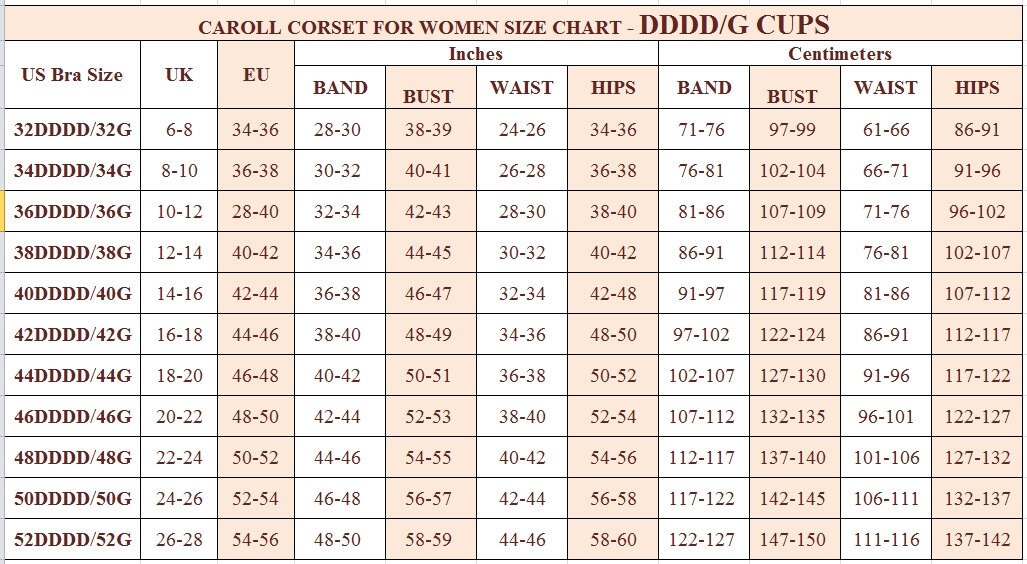 CAROLL CORSET FOR WOMEN US SIZE CHART DDDD-G CUPS