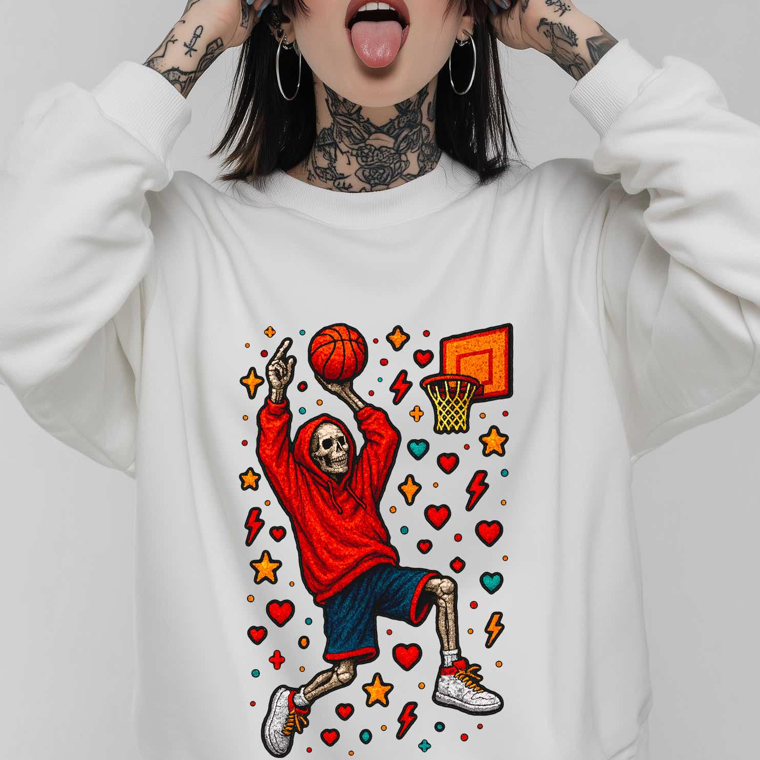 White sweatshirt with gothic skeleton basketball design, edgy pixel art fashion for alternative style lovers