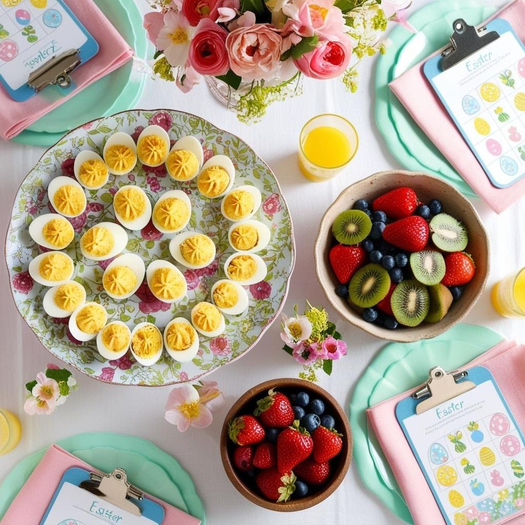 Overhead shot of a spring brunch: deviled eggs, mini quiches, fresh fruit, Easter games on clipboards, pink and mint green decor