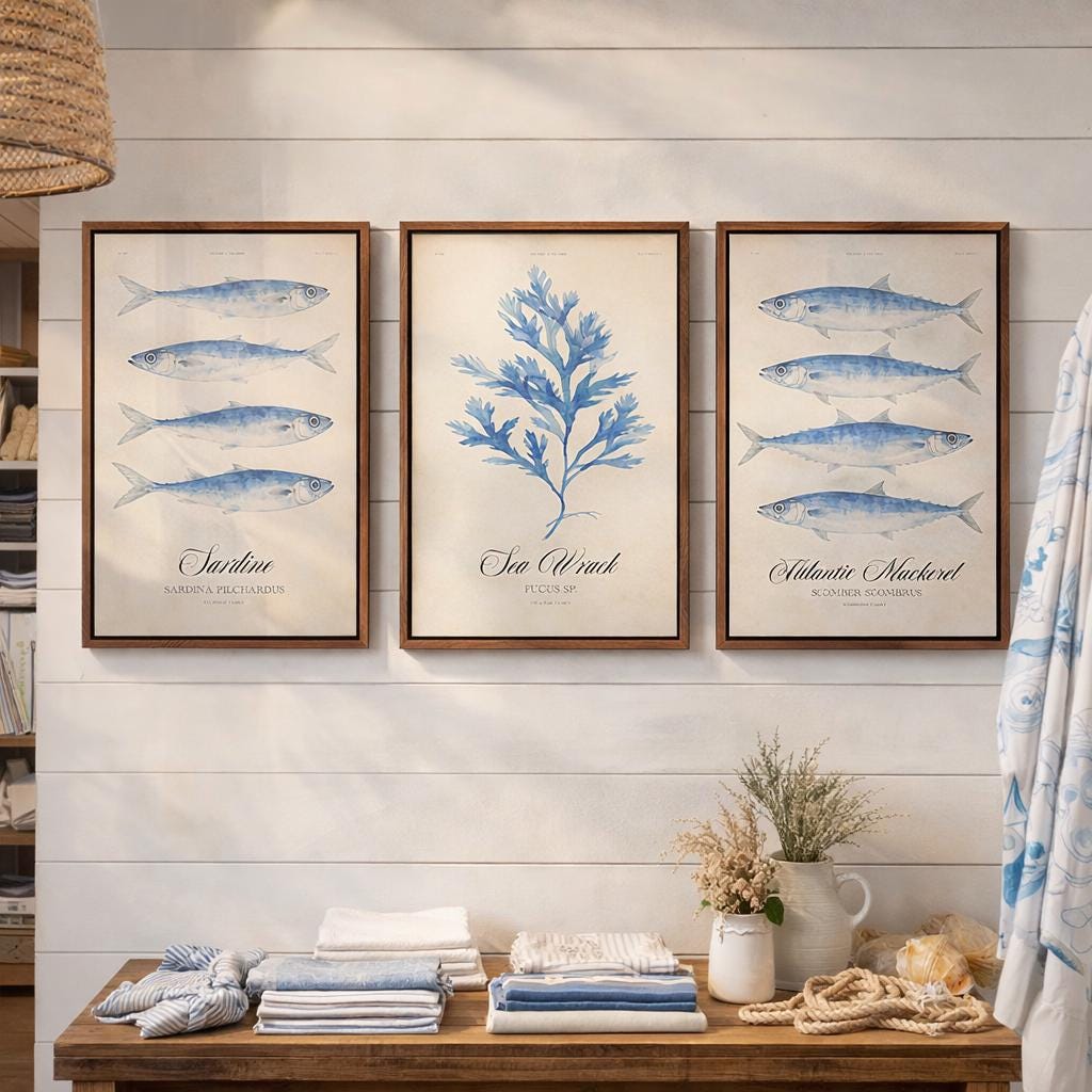 Marine life posters on a reclaimed wood wall