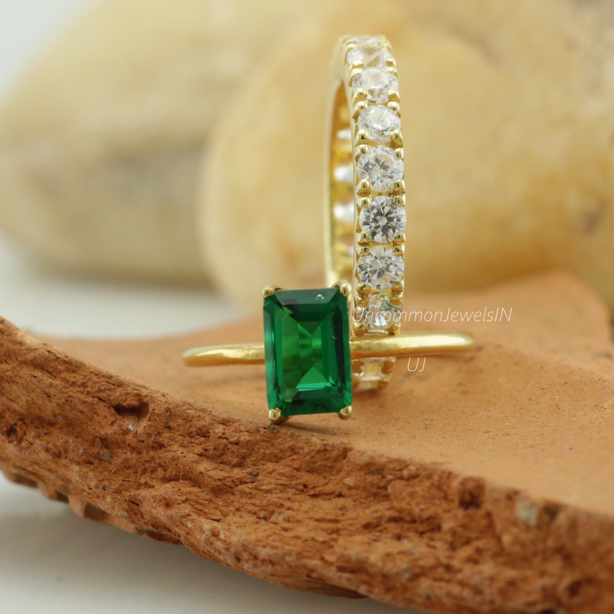 Lab Emerald Ring, Lab Diamond Eternity Ring Set, Emerald cut Ring, Wedding Diamond Ring Set, UncommonJewelsIN, Independence Day Sale