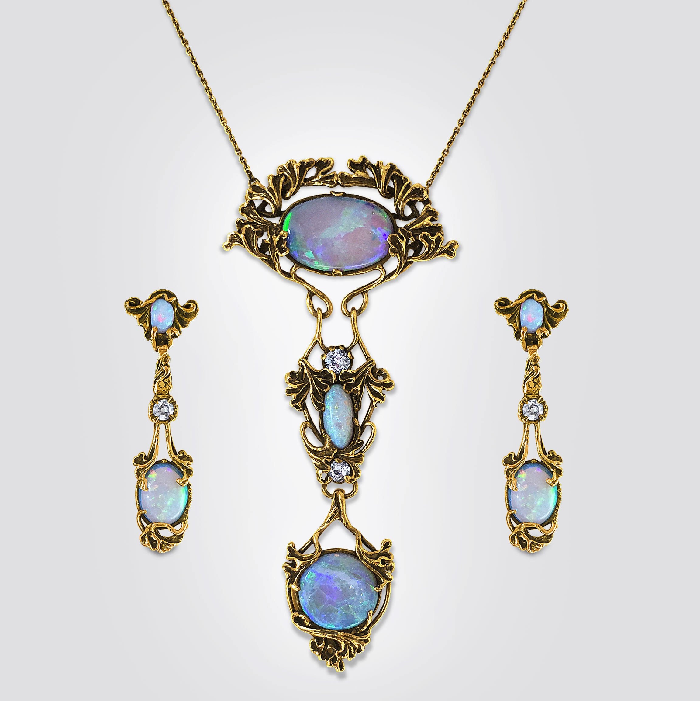 Antique-Art-Nouveau-Black-Opal-European-cut-Diamond-Necklace-pendant-Earrings-Walton&Co.-Los Angeles-circa1900