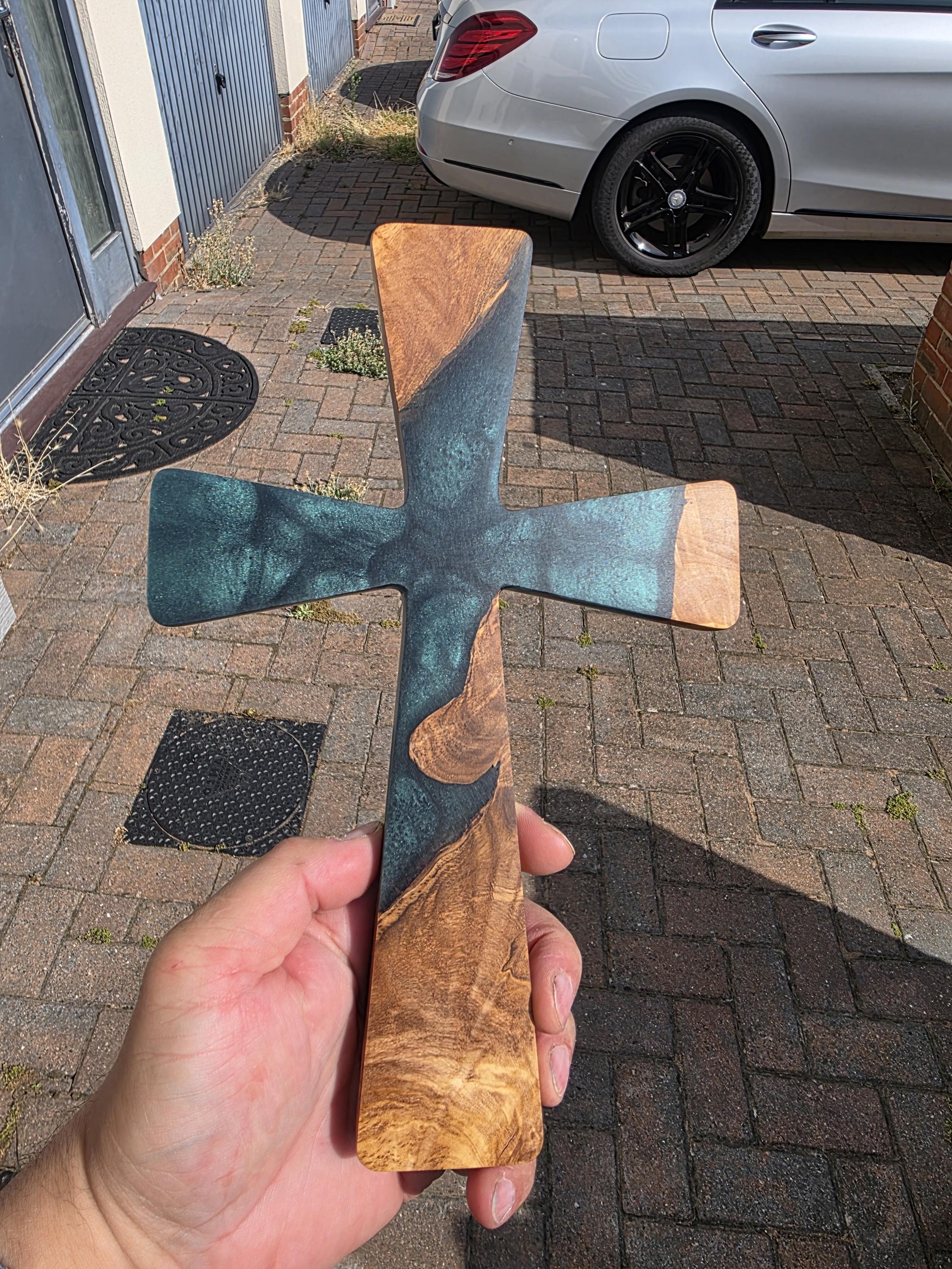 olive wood and resin cross, green epoxy cross
