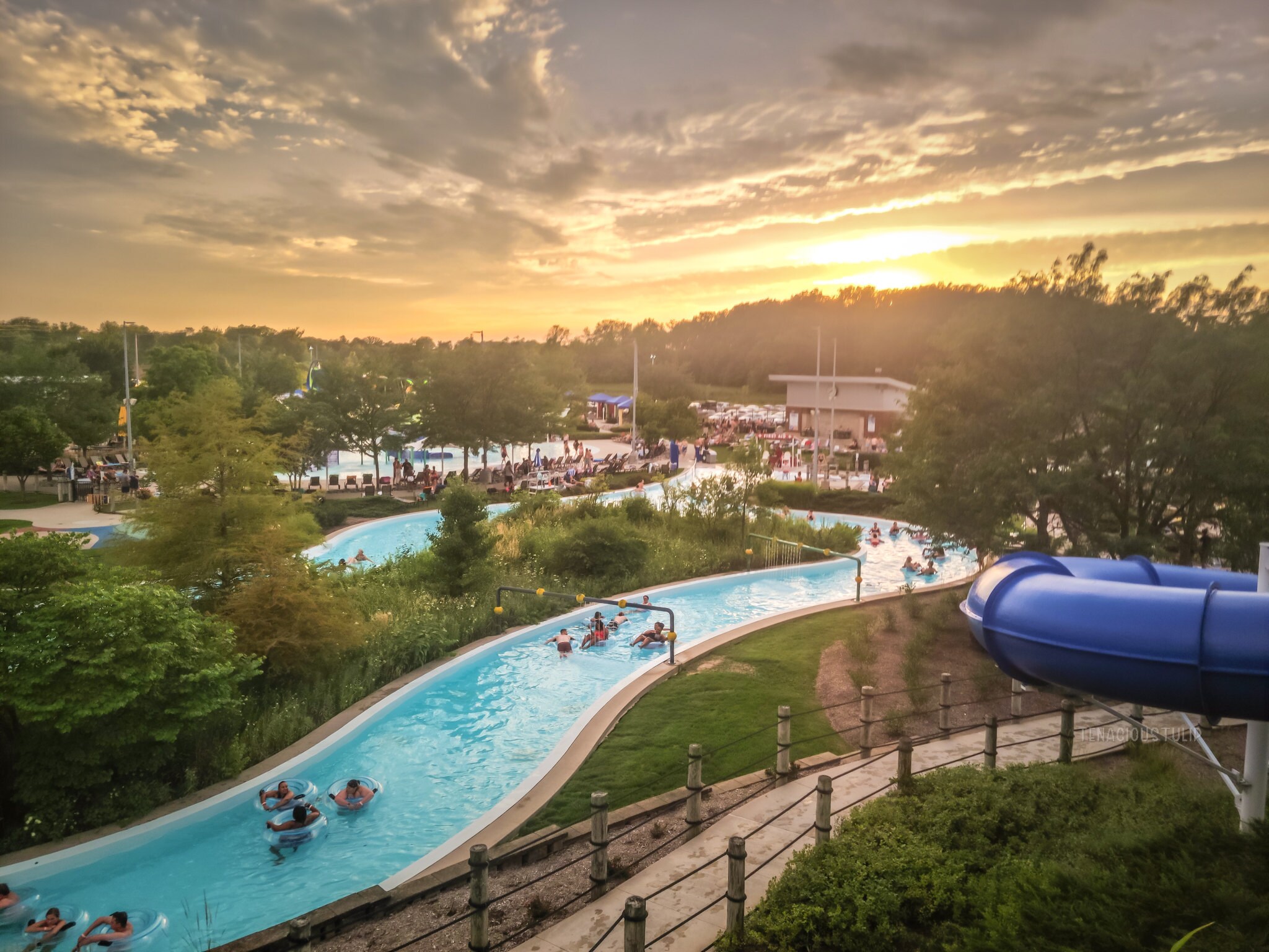 Aerial photo of a waterpark at sunset