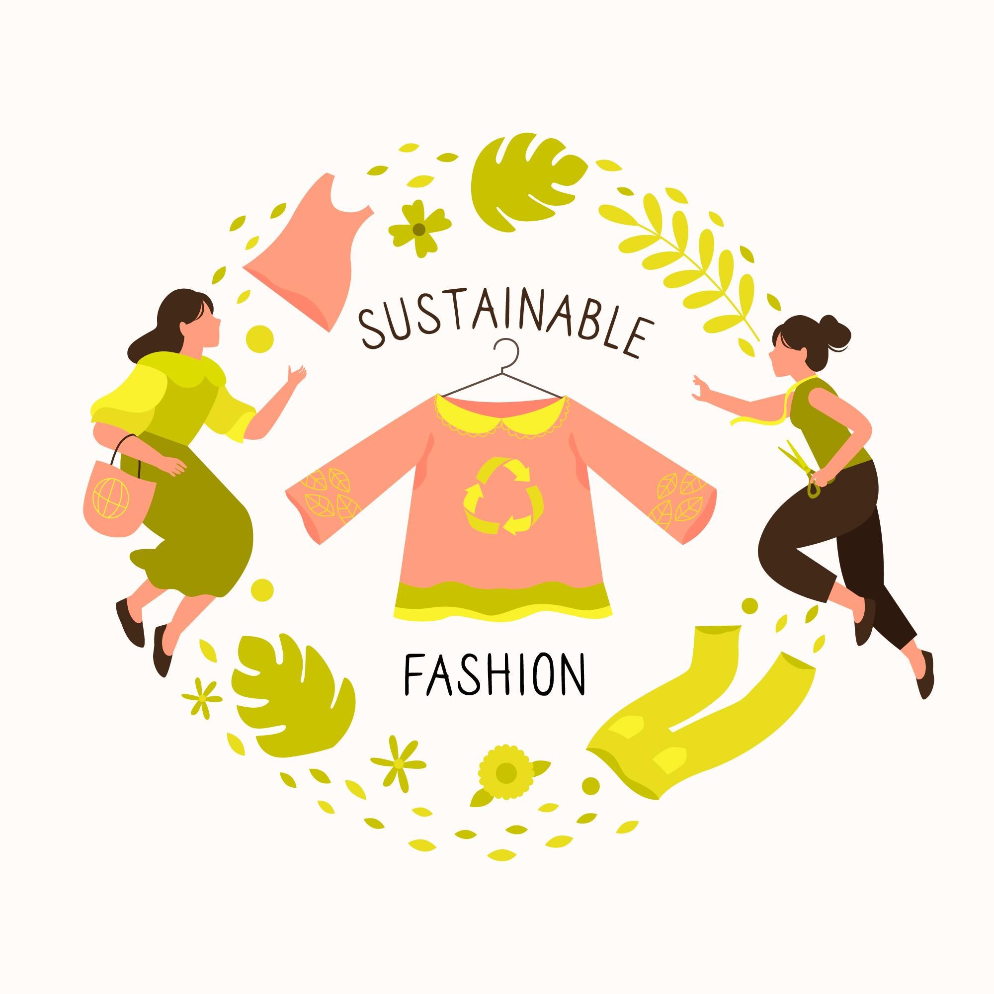 Sustainable fashion illustration in a circular icon.
