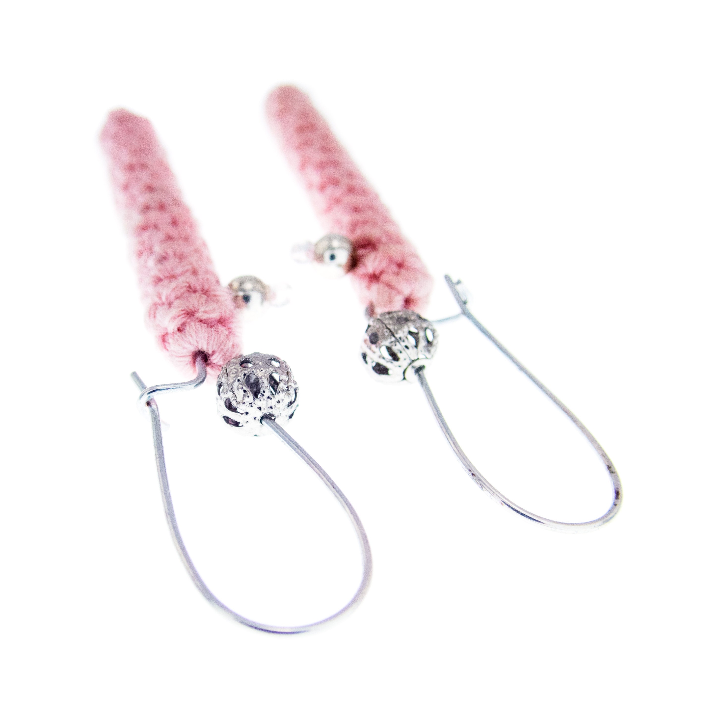 handmade pink crochet bar earrings dangle