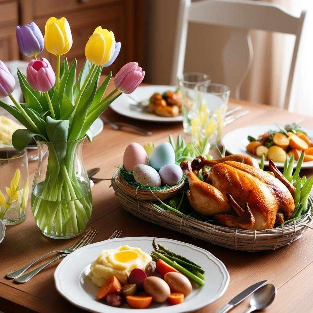 Cozy table decorated with tulips, Easter decor, and family-style food.