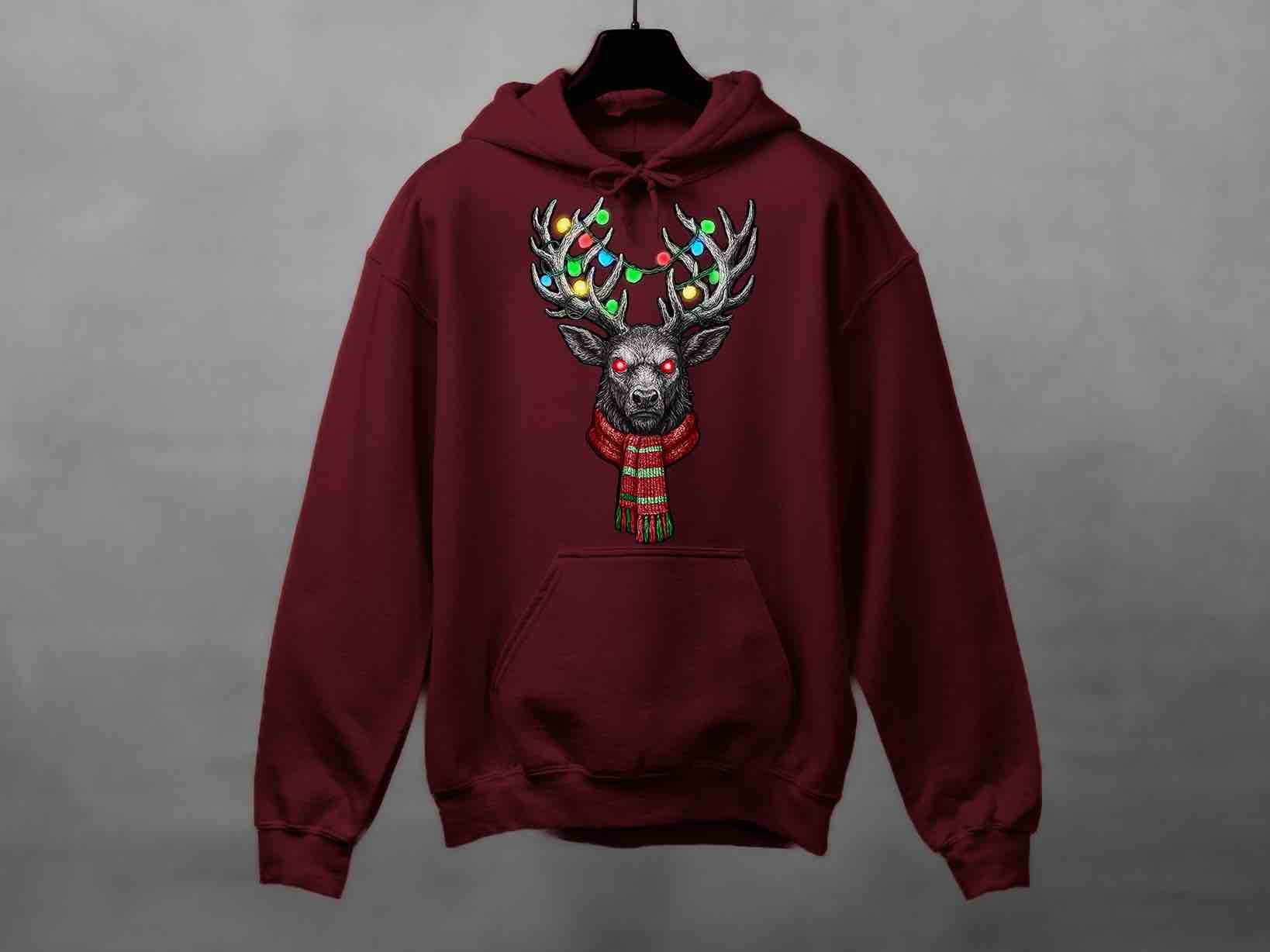 Maroon pullover hoodie showing detailed ink reindeer, colorful antler lights, and striped scarf; bold contrast holiday graphic for dark streetwear lovers.
