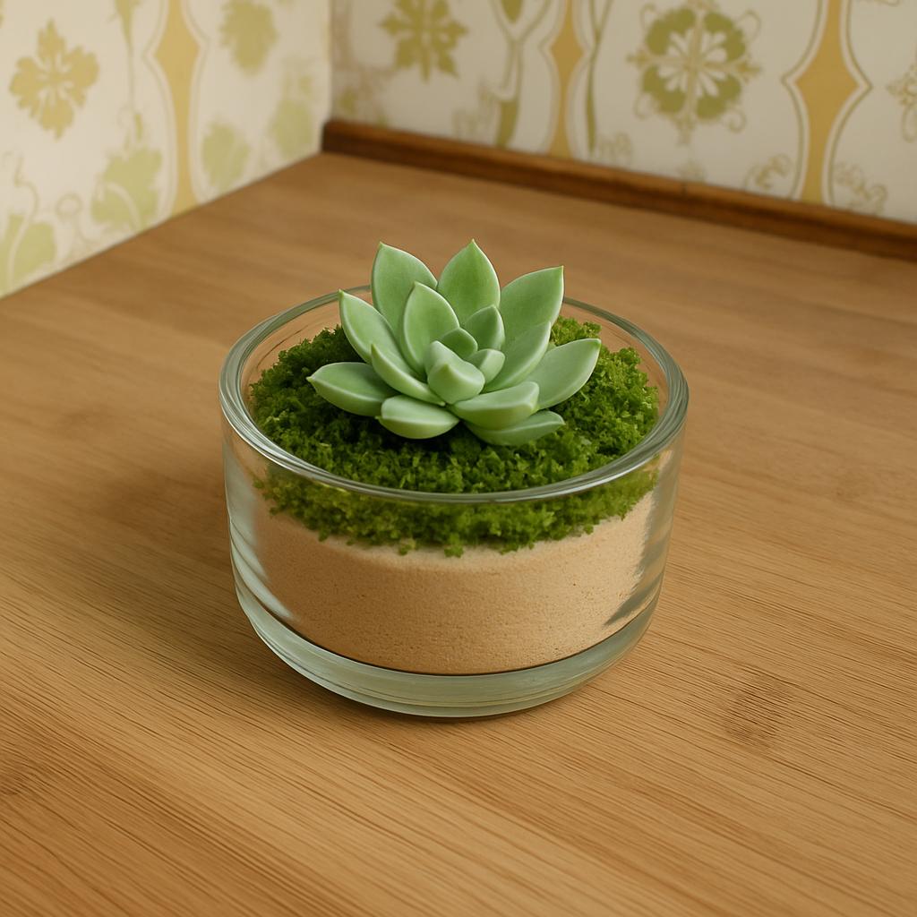Mini terrário: areia, musgo e uma suculenta pequena formam um lindo mini jardim.