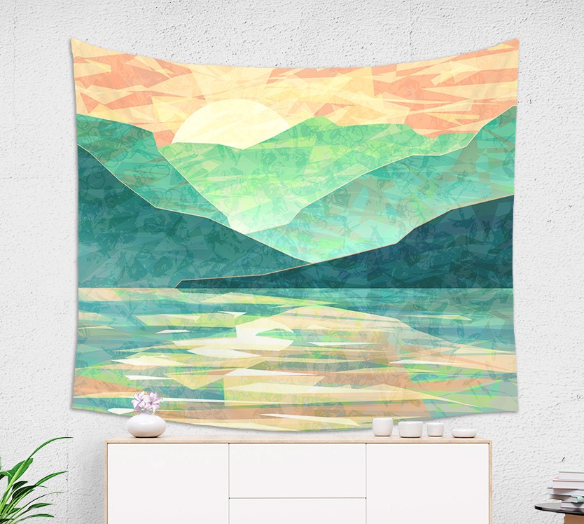 Japan Mountain tapestry in emerald green with sunset