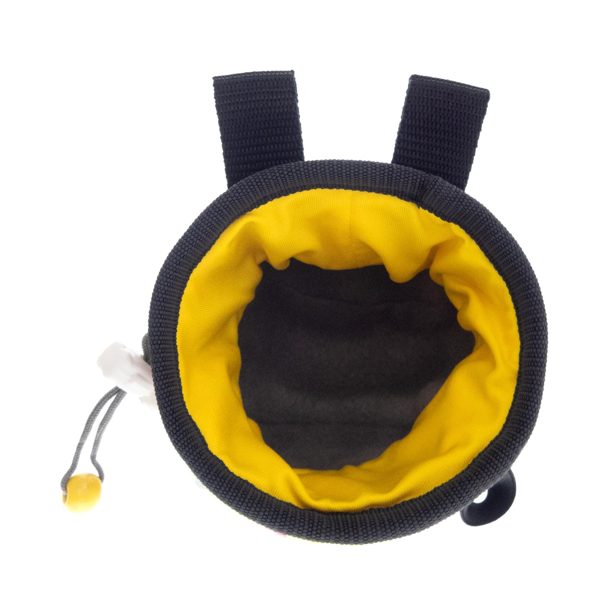 Bright striped knit chalk bag for kids, handcrafted by Nadamlada. Unique rock climbing accessory designed for young climbers, featuring a handmade crochet and knitting inspired construction.
