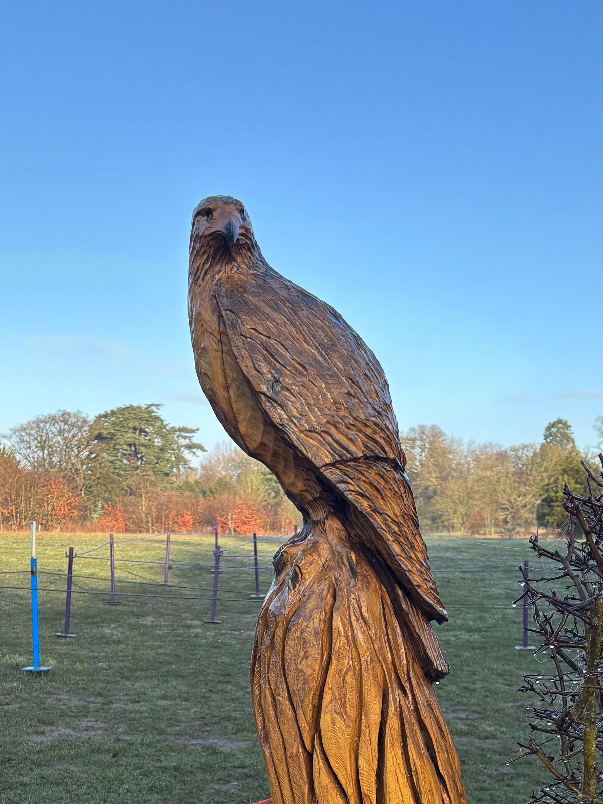 A wooden statue of a falcon sitting on top of a tree stump