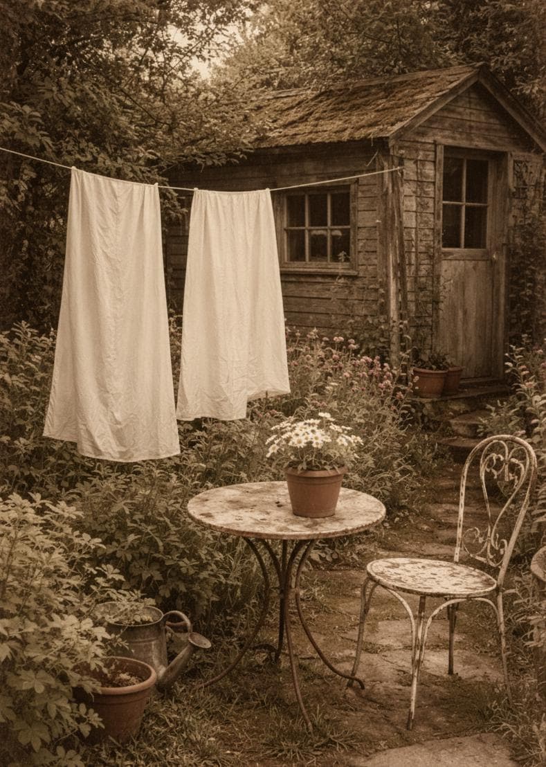 Photographie au style ancien et sépia montrant un jardin bucolique. Deux longues chemises de nuit blanches en coton pendent sur un fil à linge devant un abri de jardin en bois. Au premier plan, une petite table ronde en fer forgé avec un pot de fleurs et une chaise assortie, entourées de fleurs de jardin. Limage a un grain vintage et des bords légèrement usés.