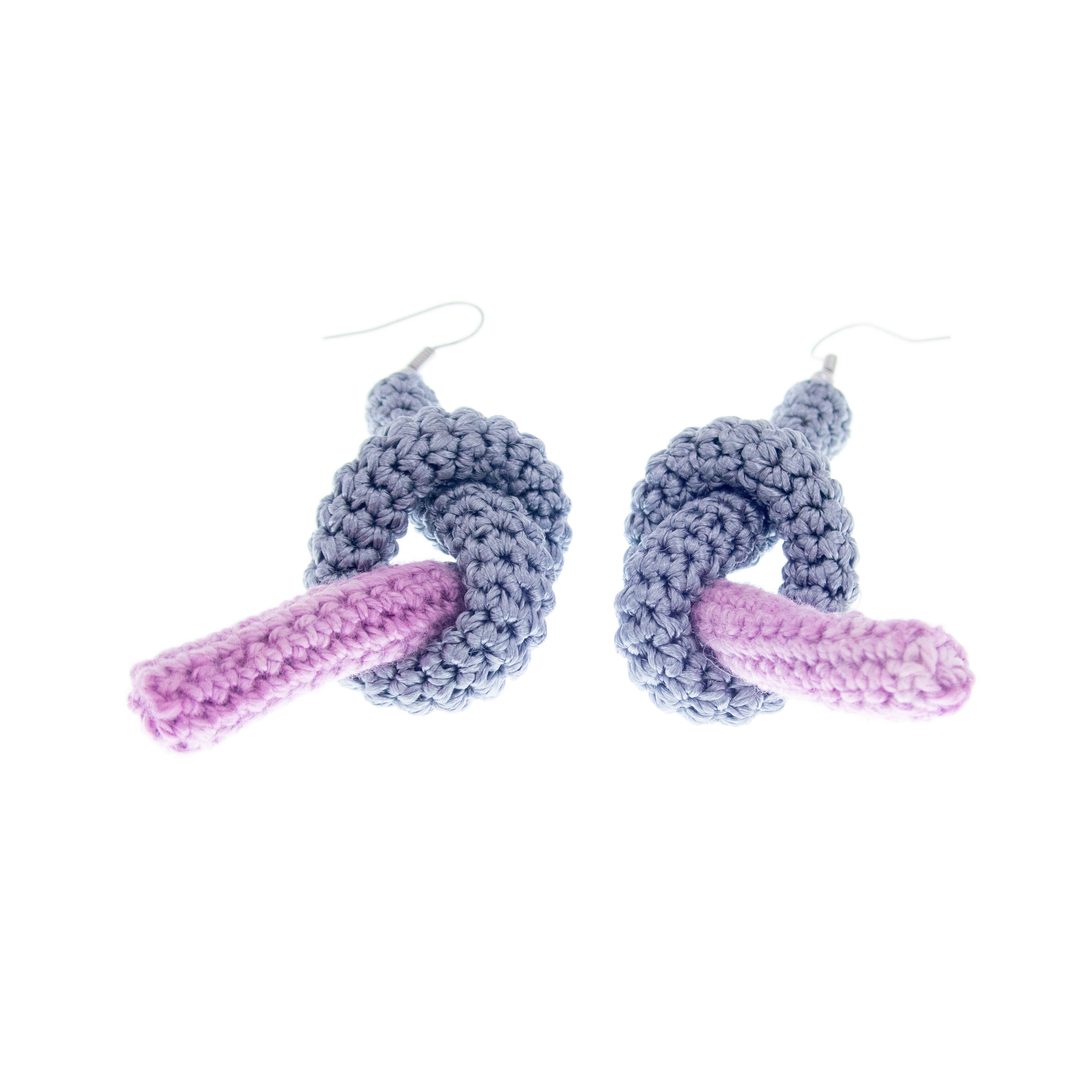 handmade statement dangle earrings with grey pink knot