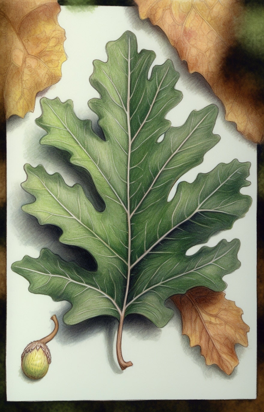 A Colored Sketch of a Birkin Berry Oak Leaf