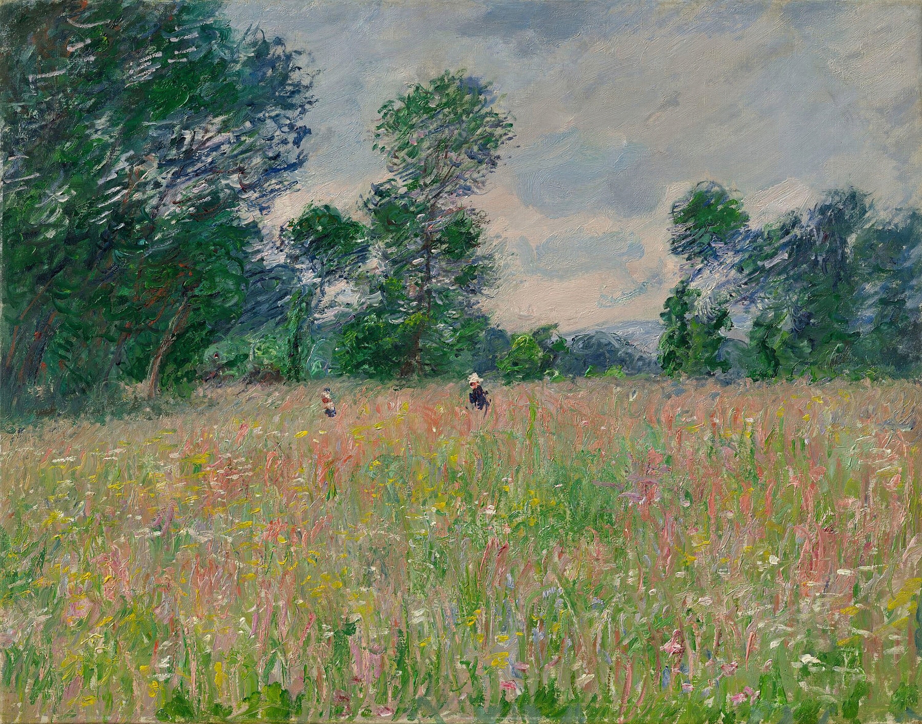 A painting of a meadow with red poppies, yellow daisies, and green grasses. A woman and a child are walking on a path in the lower right corner. The painting is done with bright and contrasting colors