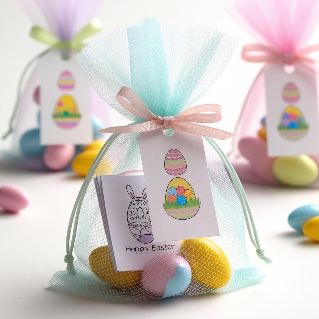 Easter favor bag with mini coloring page, candy, and printable tag tied on with pastel ribbon.