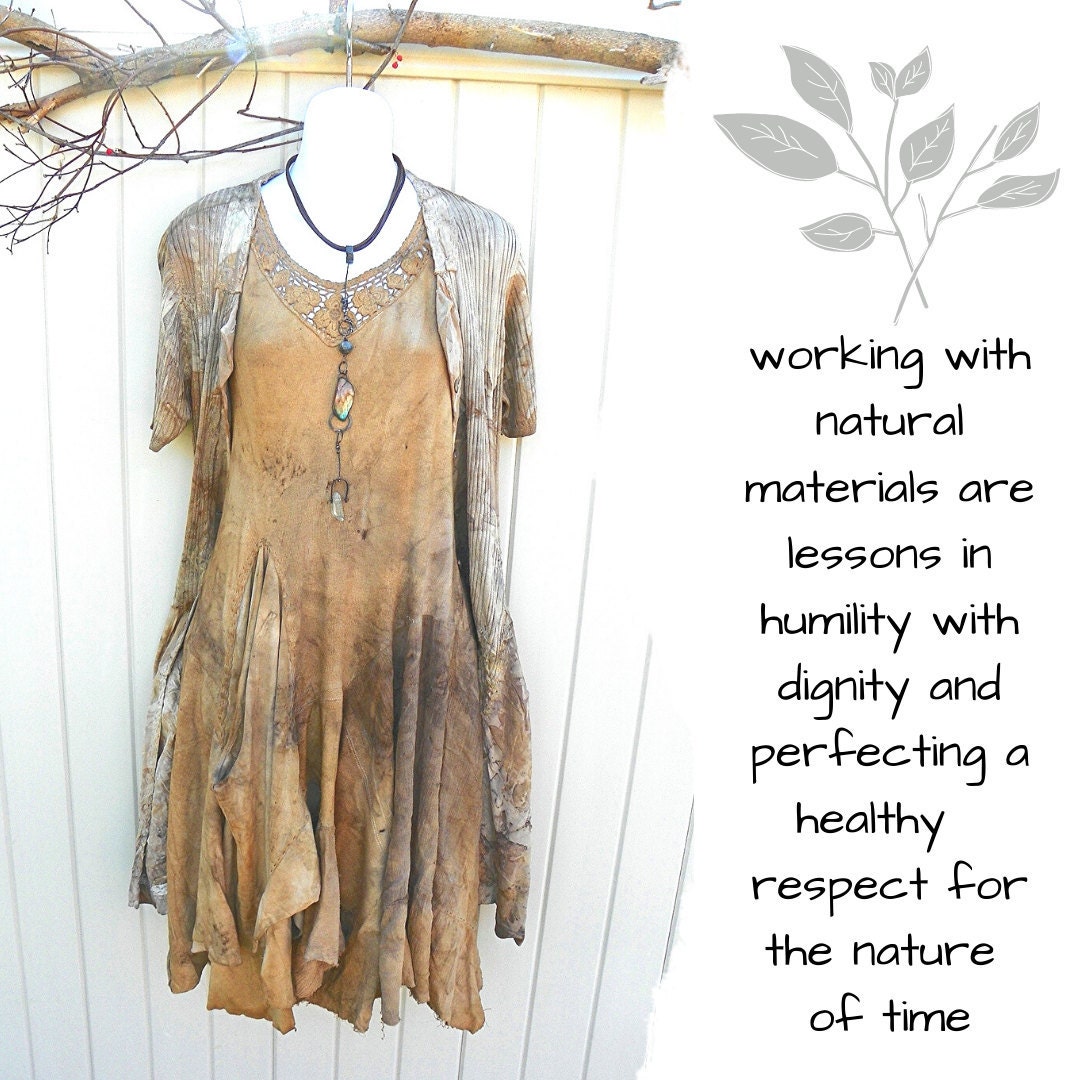 eco print dress with gemstone necklace featured with adjacent quote working with natural materials are lessons in humility with dignity and perfecting a healthy respect for the nature of time