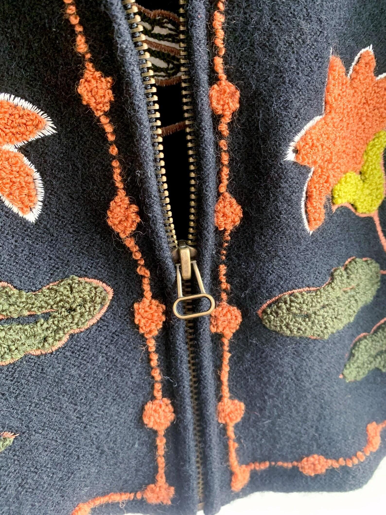 Solid Brass Zipper of a Vintage 100% Wool Embroidered Cardigan
