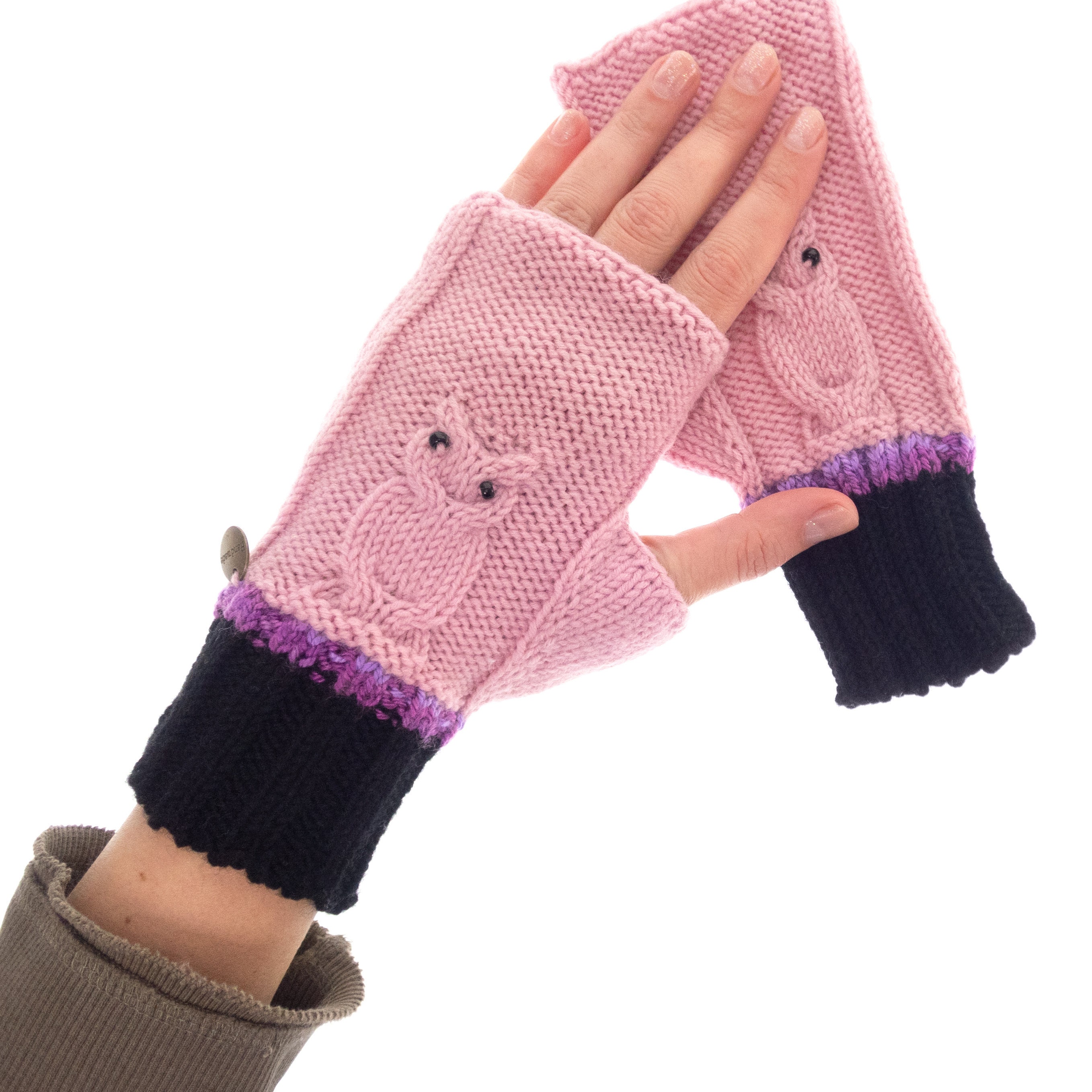 Crochet Mittens Fingerless Gloves Pink Owls