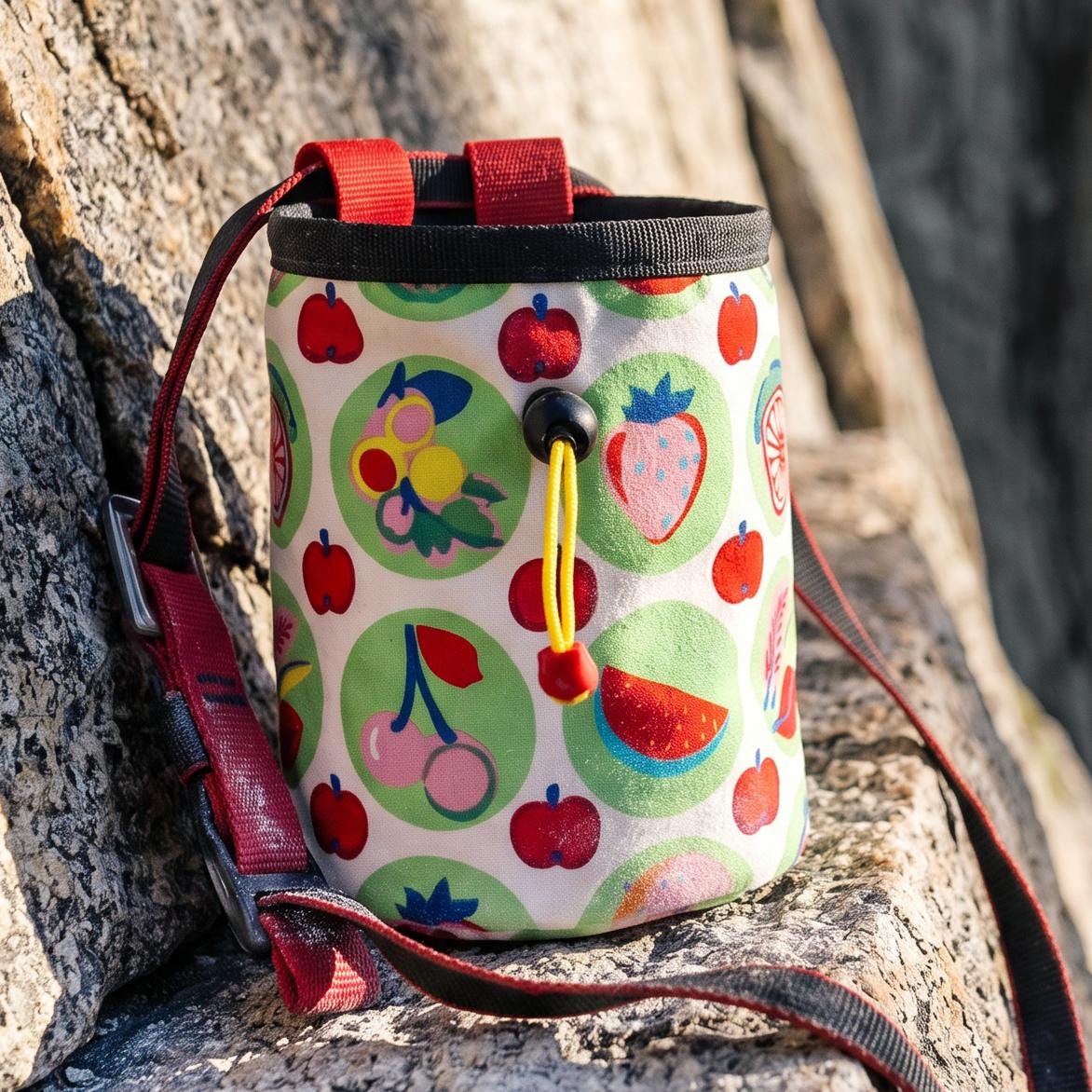 handmade chalk bag with apples for rock climbing and bouldering
