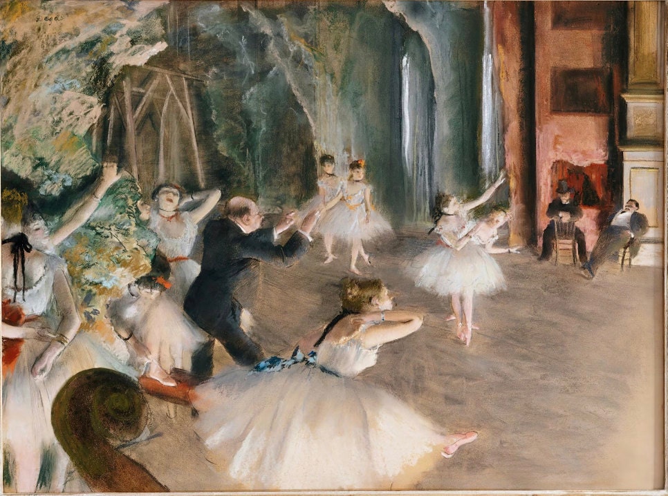 A Degas painting depicting a group of ballet dancers in various poses, with an instructor guiding them, set against a backdrop of an elegant room with tall curtains and a grandeur atmosphere