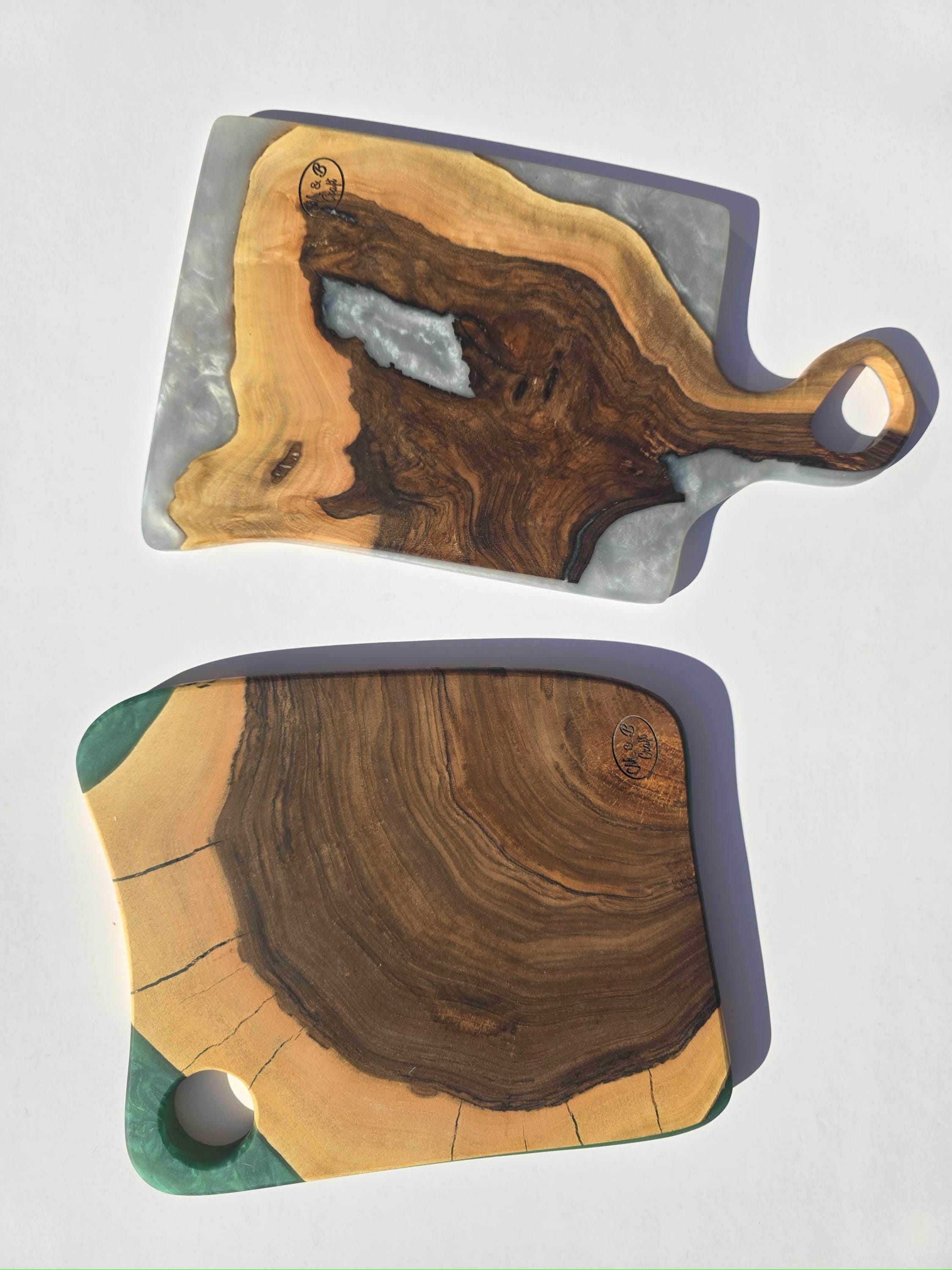 Black walnut charcuterie boards, Green and golden epoxy resin cutting boards, Modern resin serving boards.