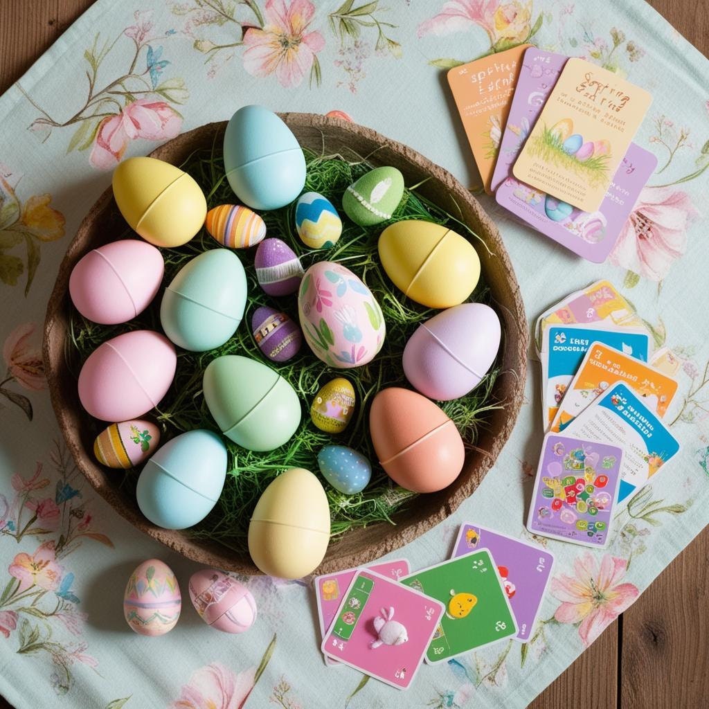 easter eggs on a table with DIY printable easter egg scavenger hunt clues perfect for an easter egg hunt for kids