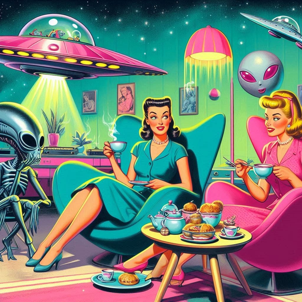 two 1950s ladies drinking tea with an alien in the atomic era